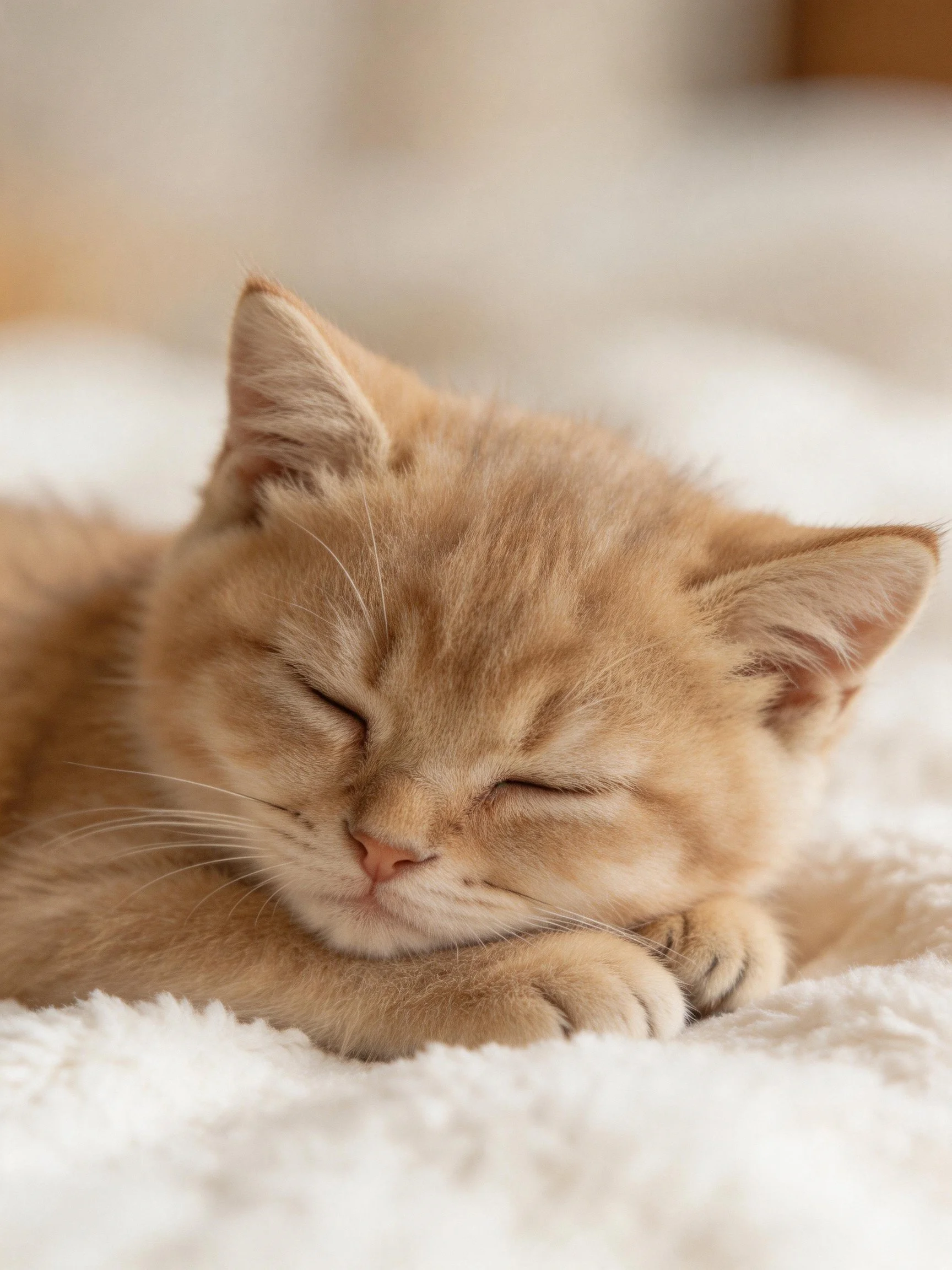 A small orange kitten peacefully sleeps on a soft white blanket