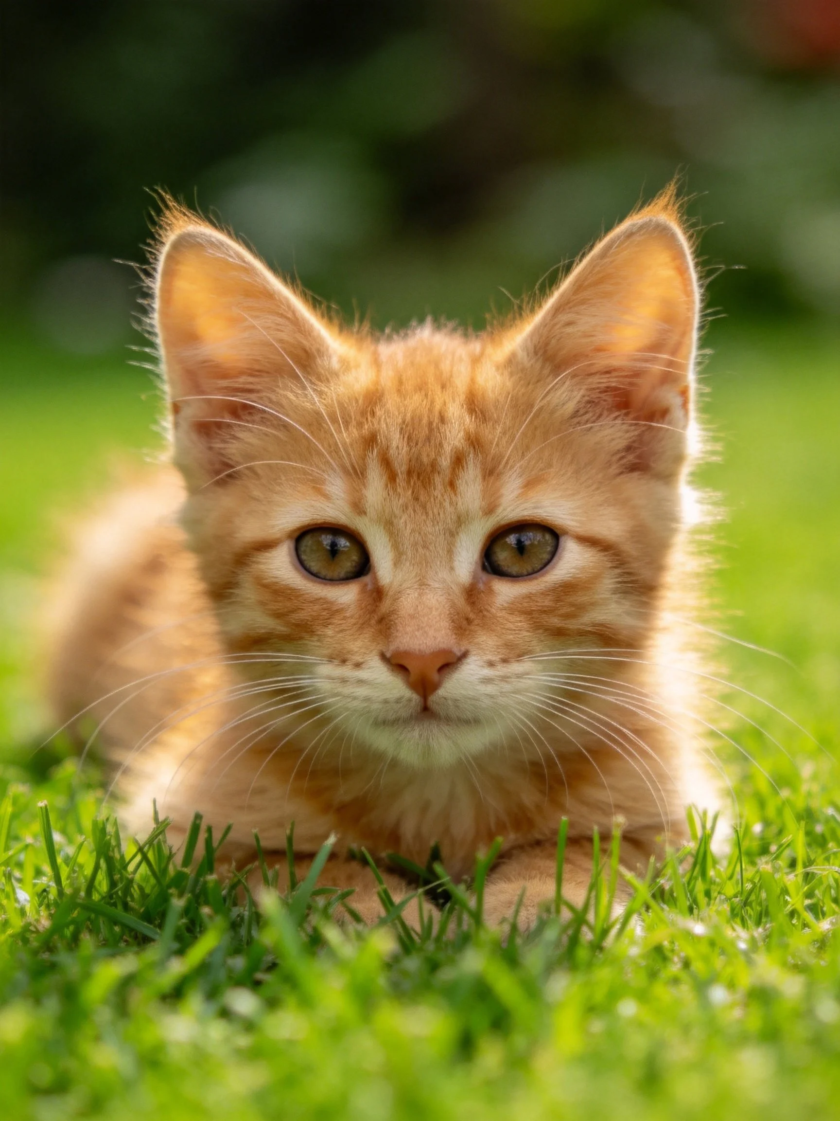 A small orange kitten lies calmly on green grass in an outdoor setting.