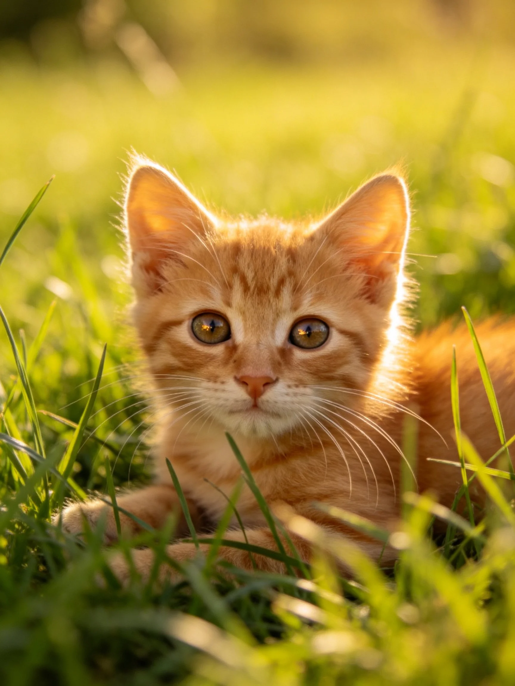 A small orange kitten calms among tall green grass in a sunlit outdoor spot.