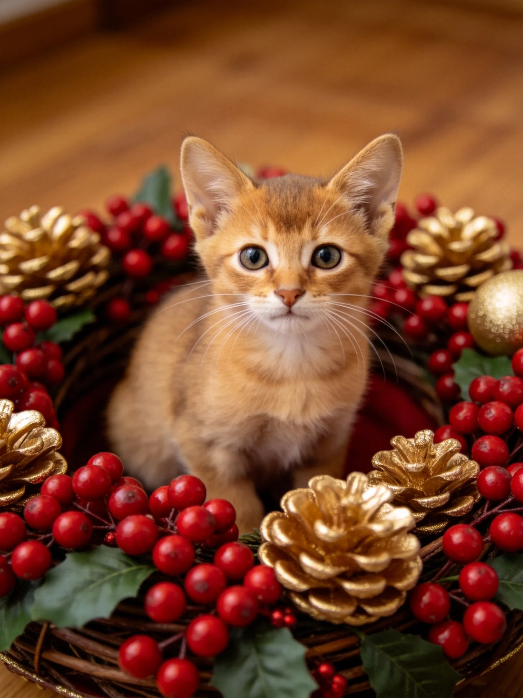 An orange kitten is nestled inside a holiday-themed wreath with red berries and golden decorations.