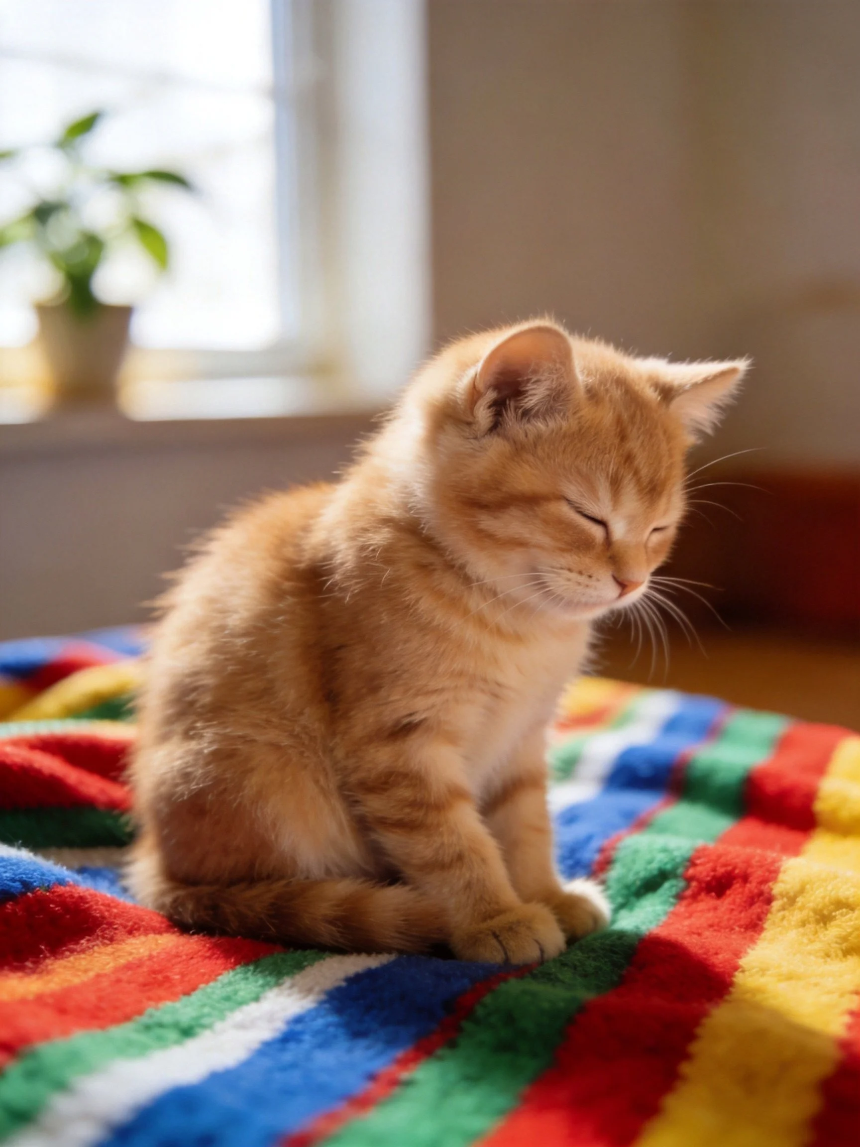 An orange kitten rests on a striped towel in a sunlit room with a window.
