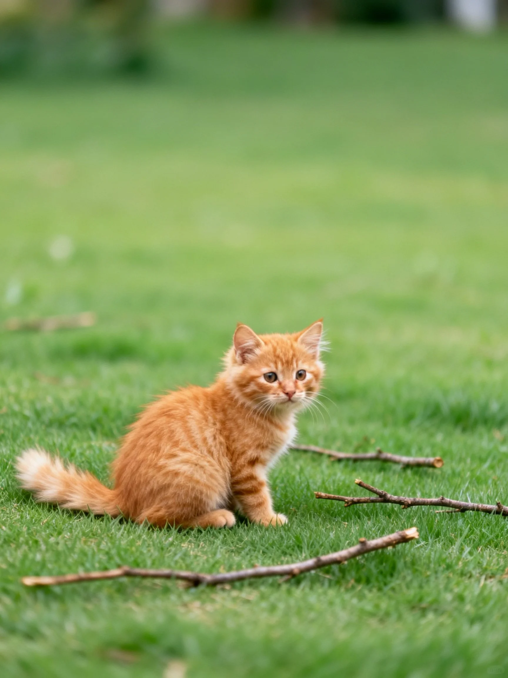 An orange kitten sits on green grass near twigs in an outdoor setting