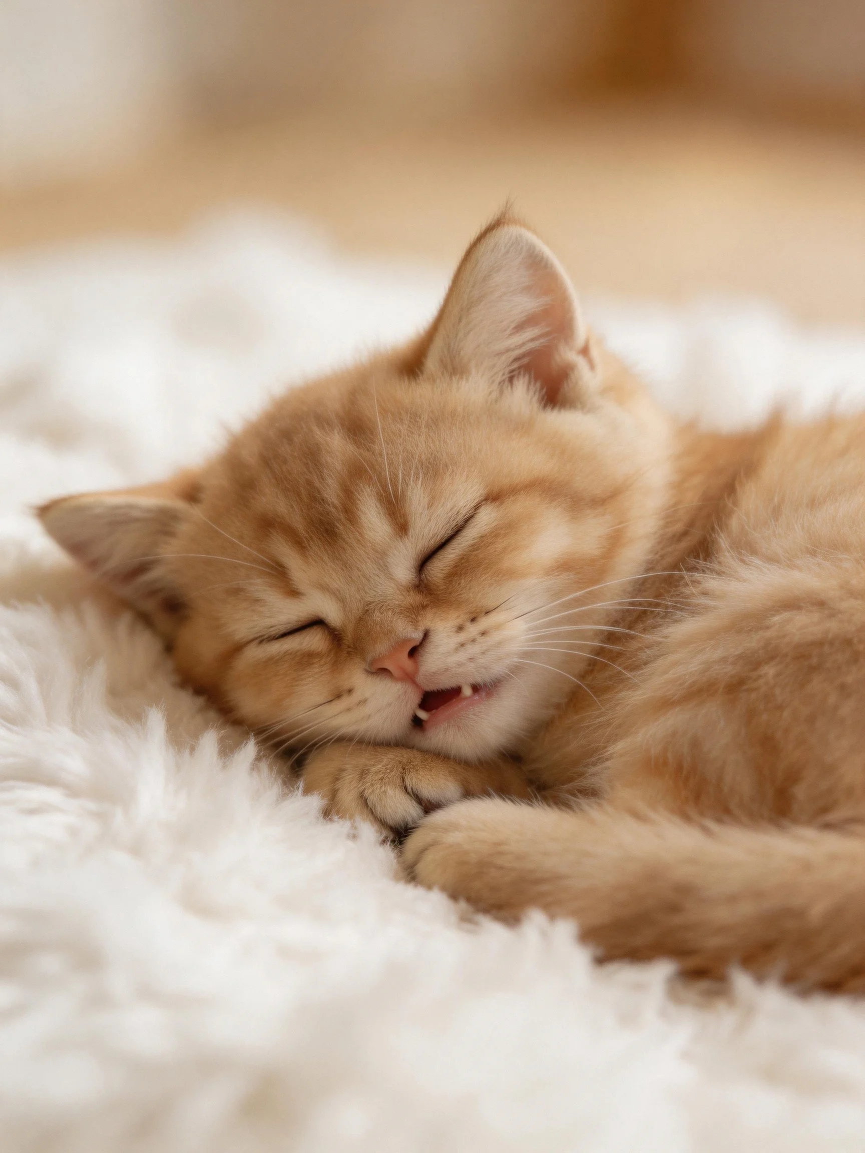 A small orange kitten sleeps contentedly on a fluffy white surface