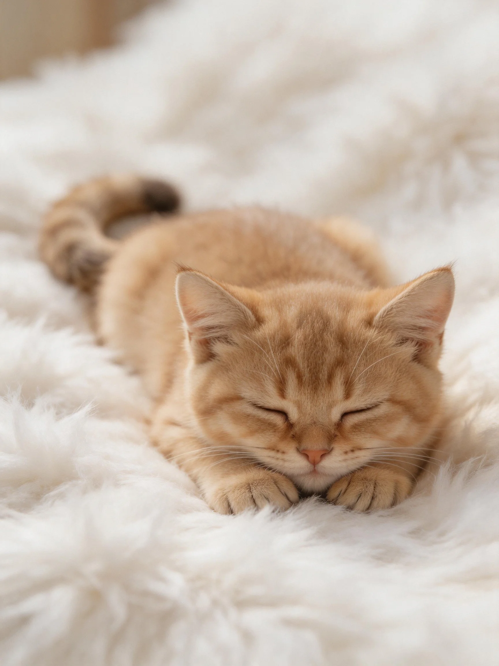 A small orange kitten sleeps on a fluffy white surface