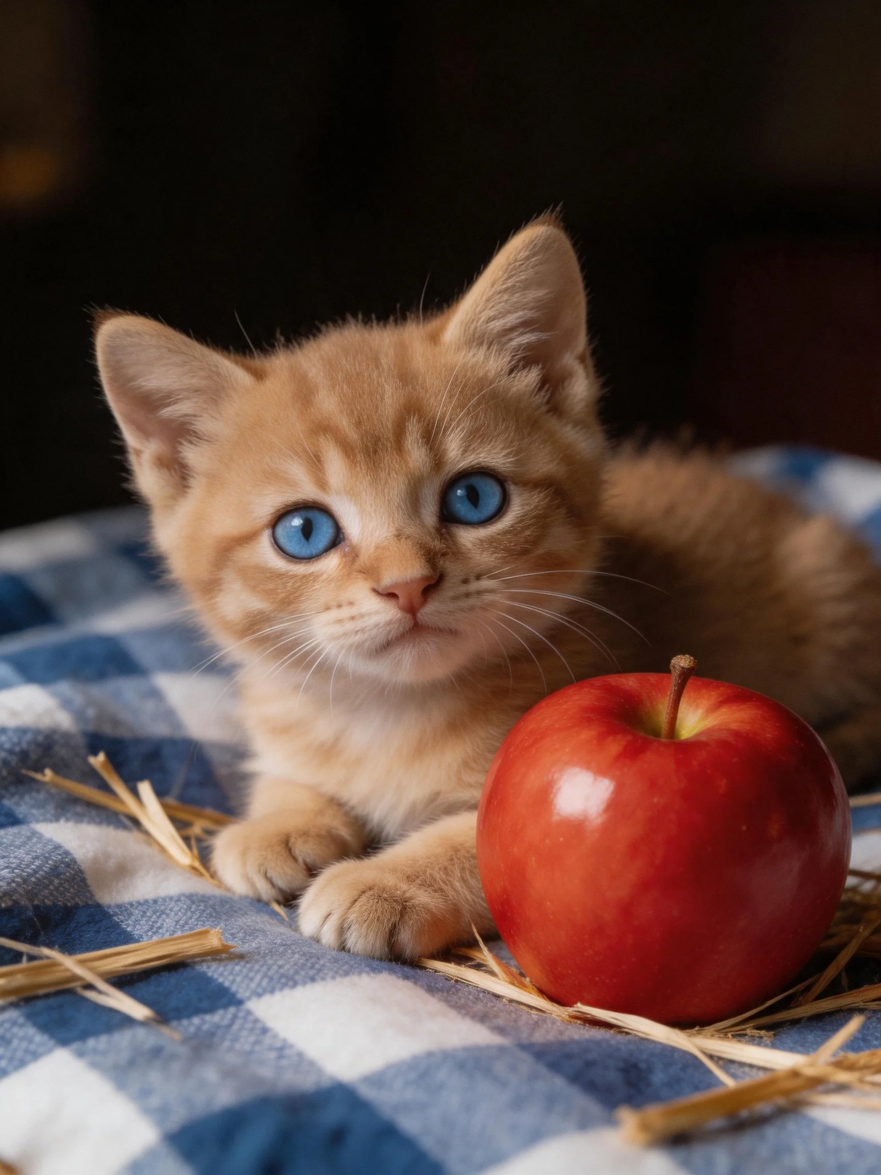 A small orange kitten with blue eyes sits next to a red apple on a checkered cloth.