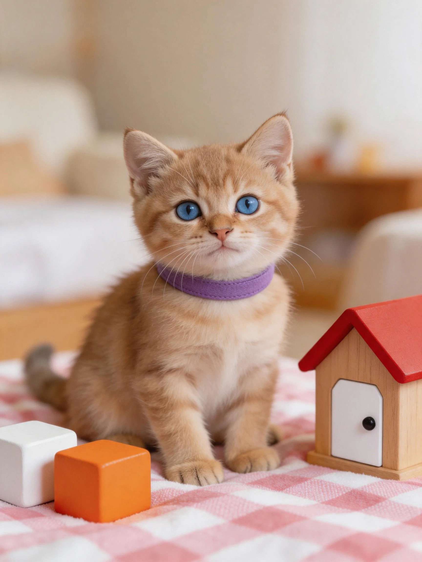 An orange kitten with bright blue eyes rests beside toys on a pink checkered blanket.