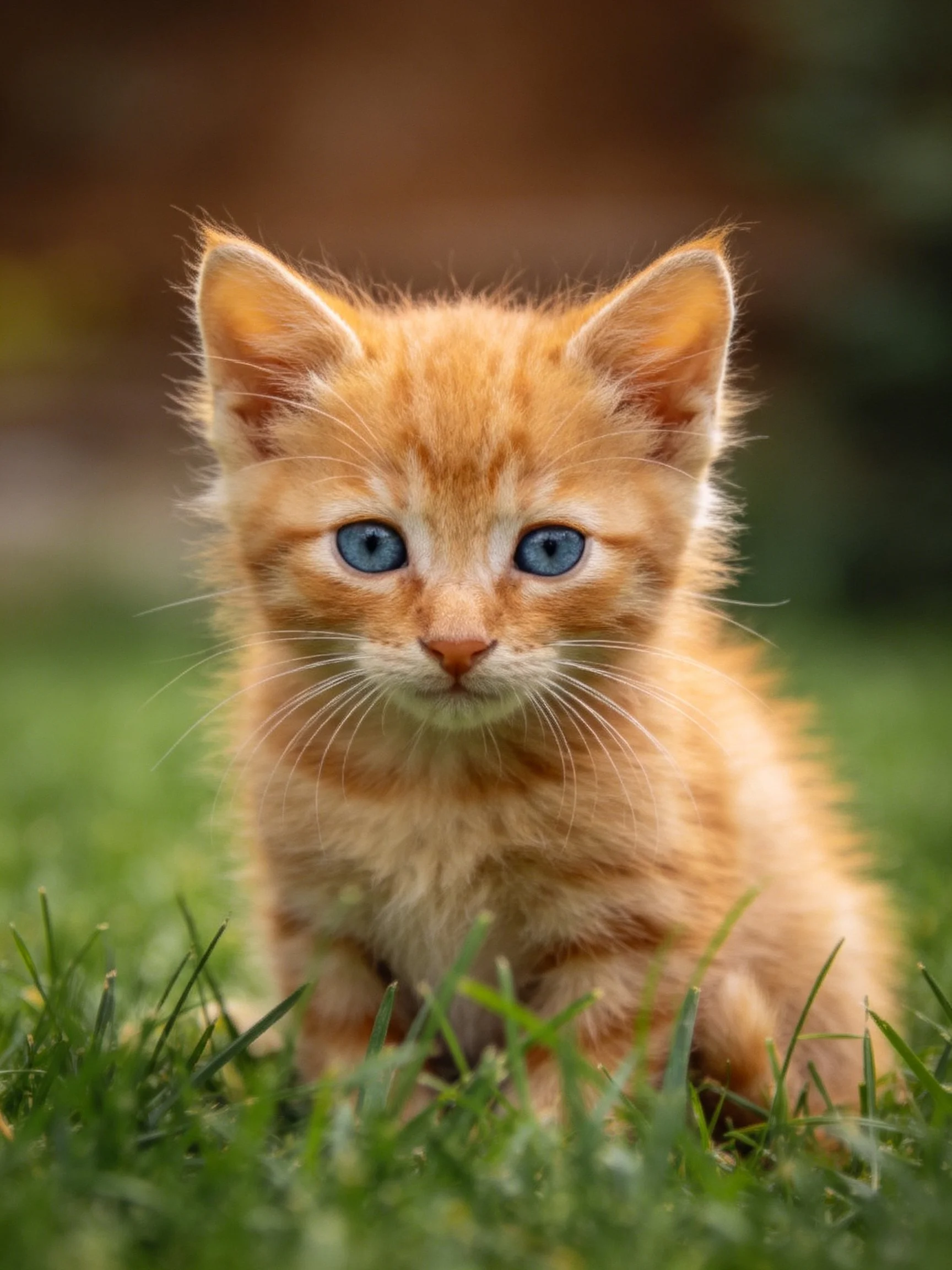 An orange kitten with striking blue eyes sits calmly among green grass.