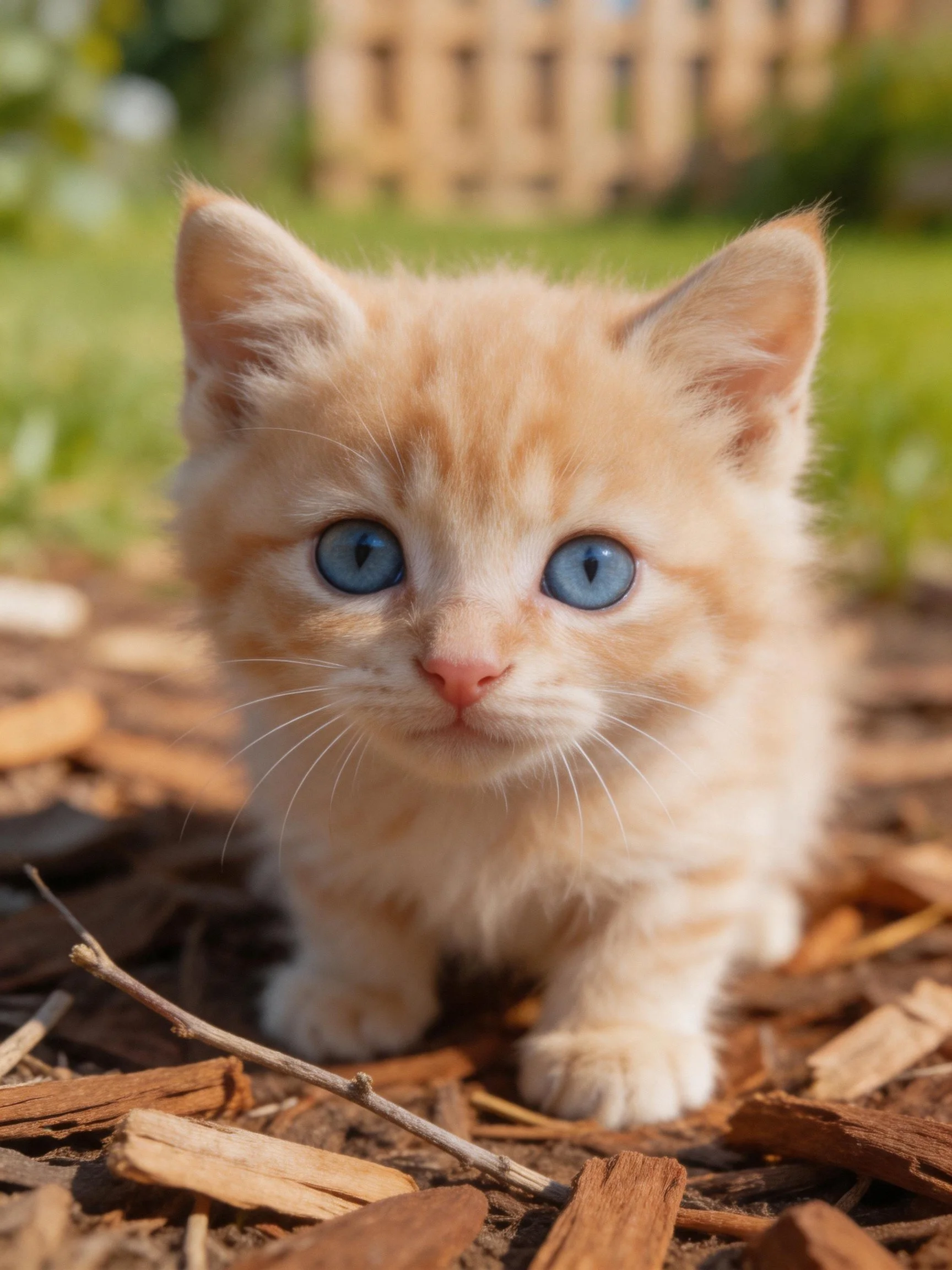 A small orange kitten with bright blue eyes on wood chips outdoors