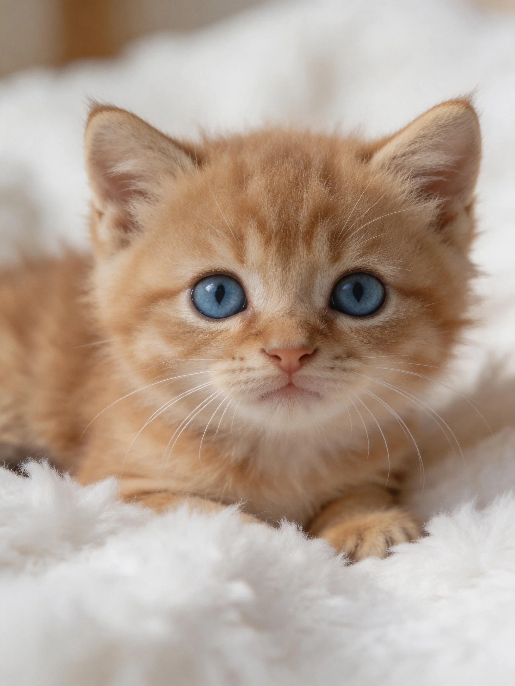 A small orange kitten with bright blue eyes rests on a fluffy white surface.