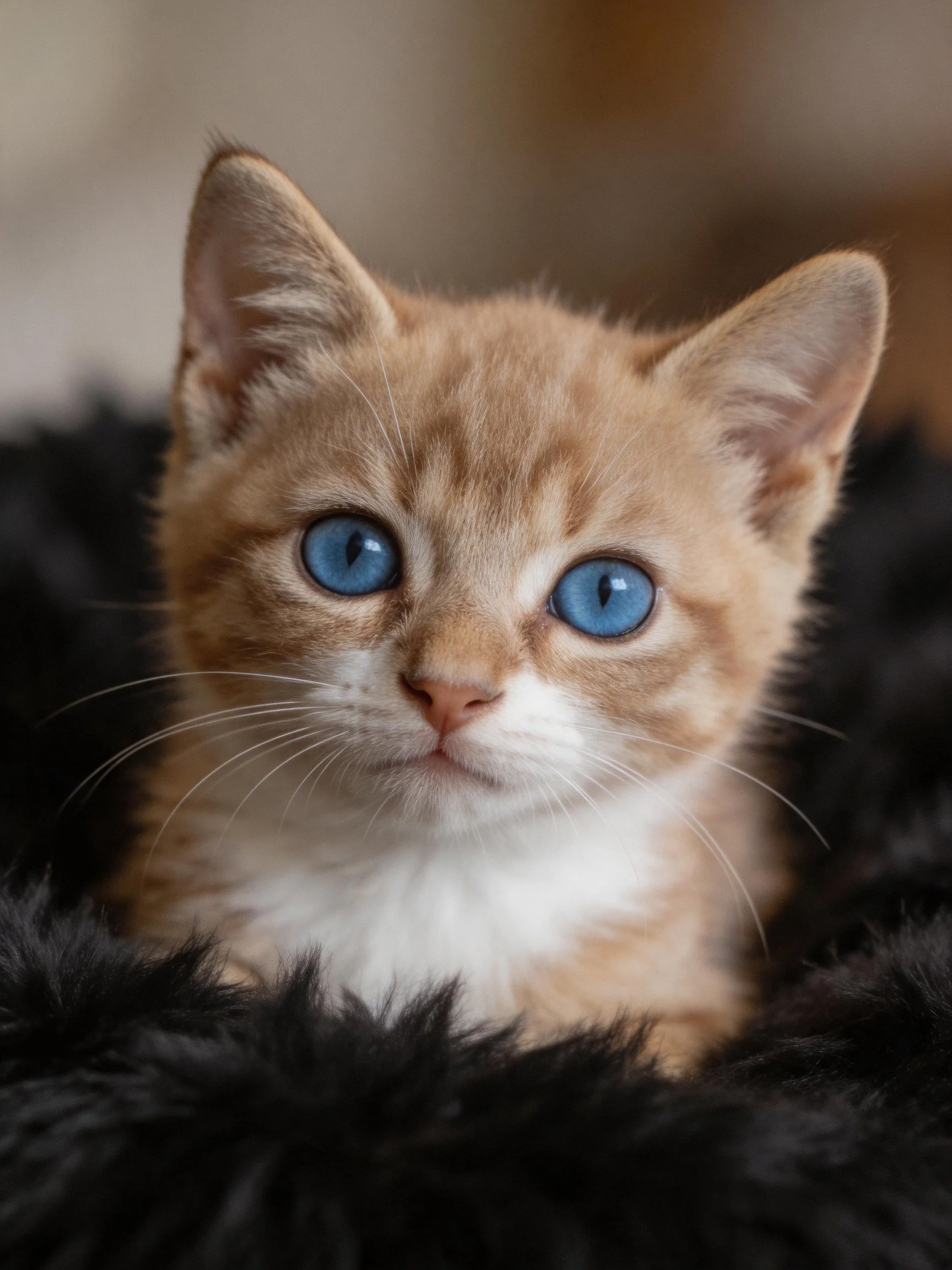 A small orange kitten with bright blue eyes rests on dark plush fabric