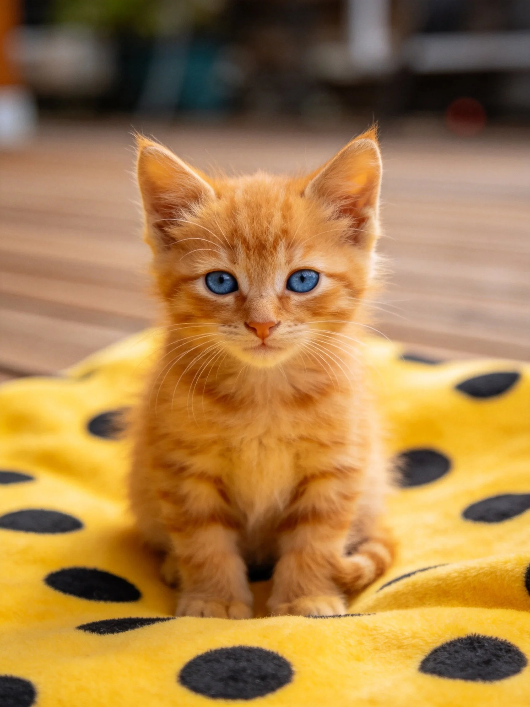 An orange kitten with blue eyes rests on a yellow blanket with black spots