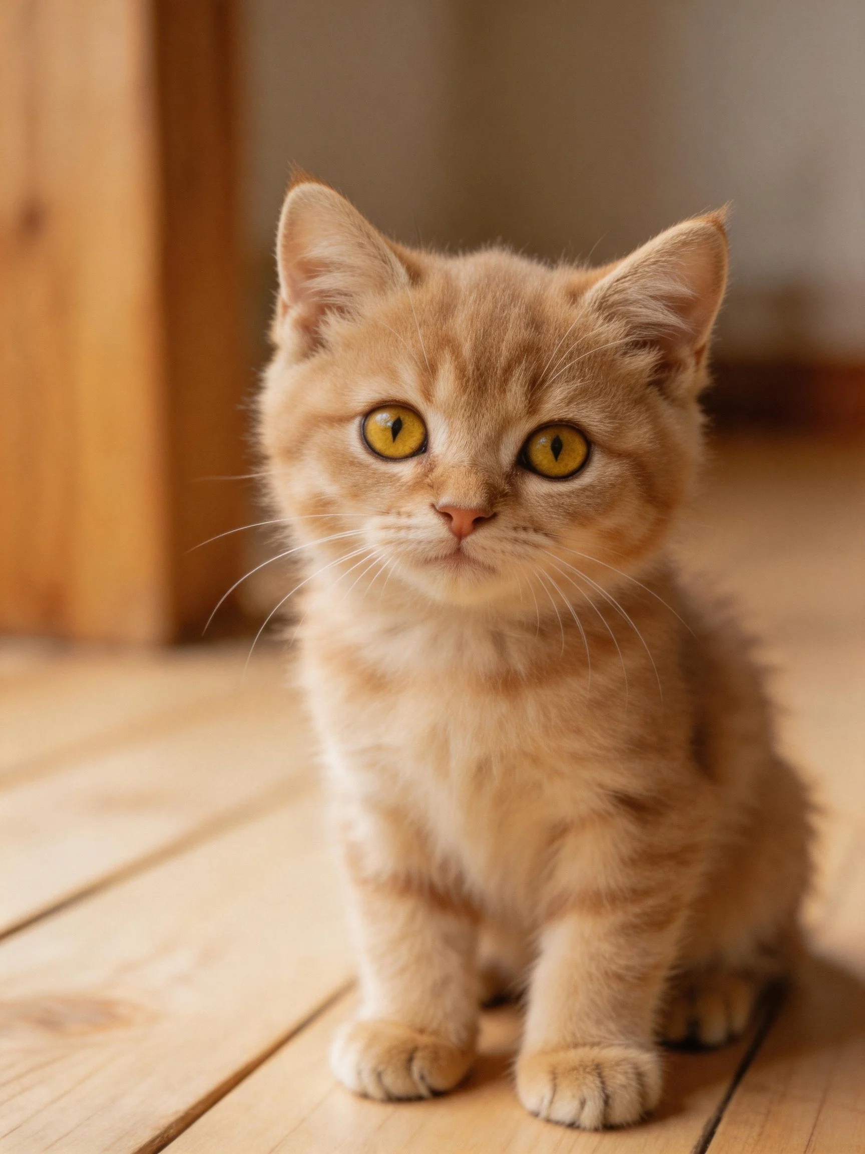 A small orange kitten with bright yellow eyes sits on a wooden floor.