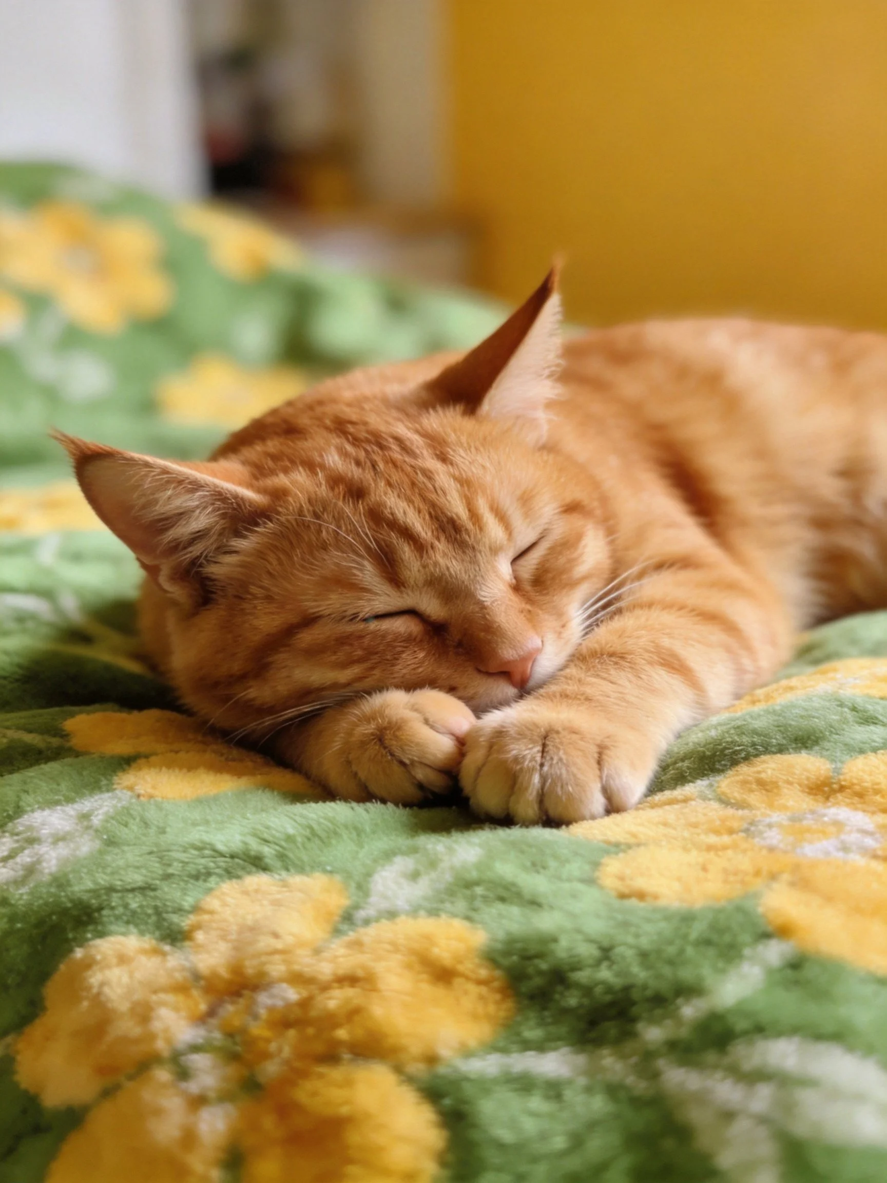 An orange tabby cat sleeps on a green floral blanket in a cozy environment.