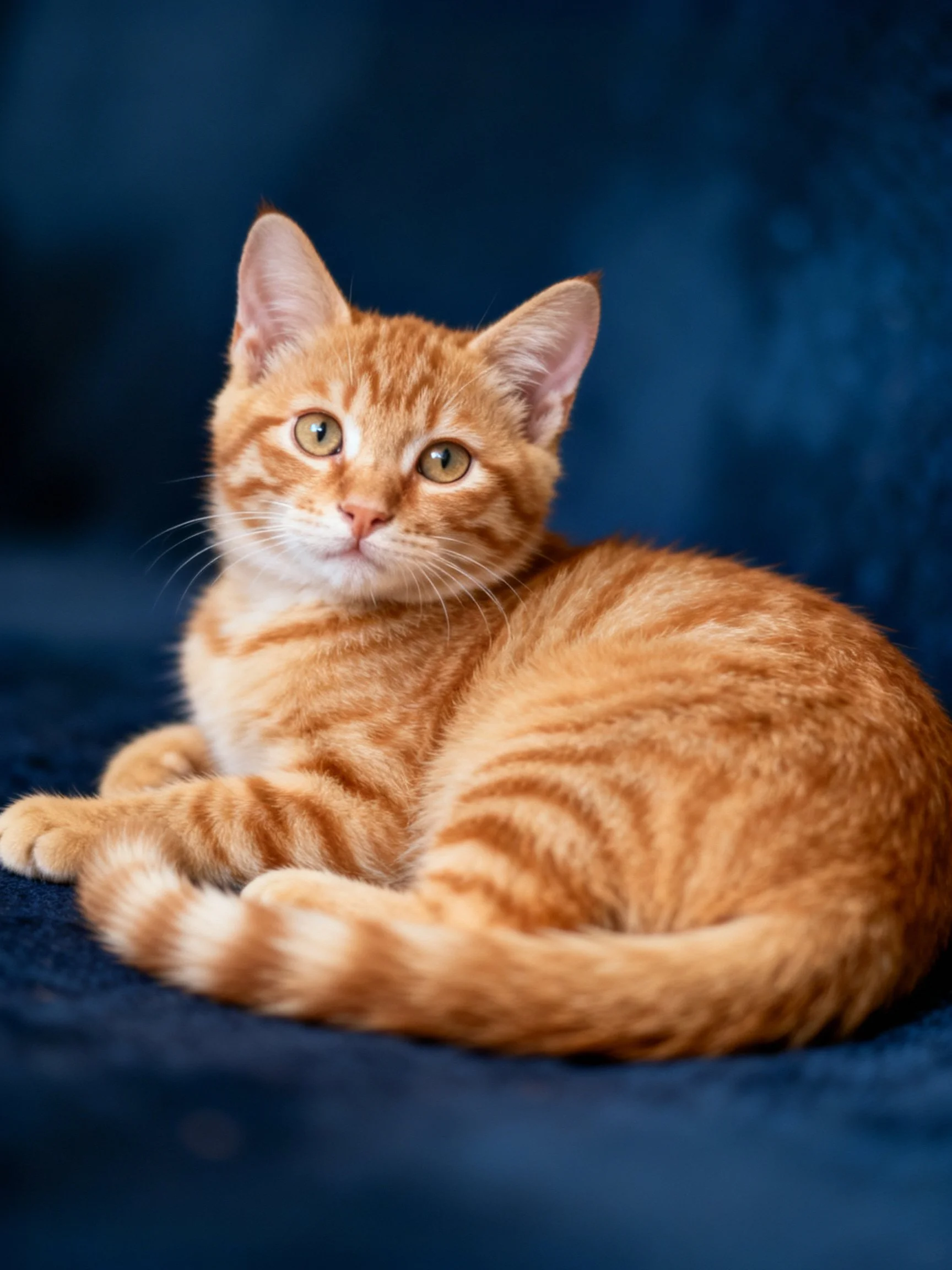 A small orange tabby kitten curled on a dark blue fabric surface