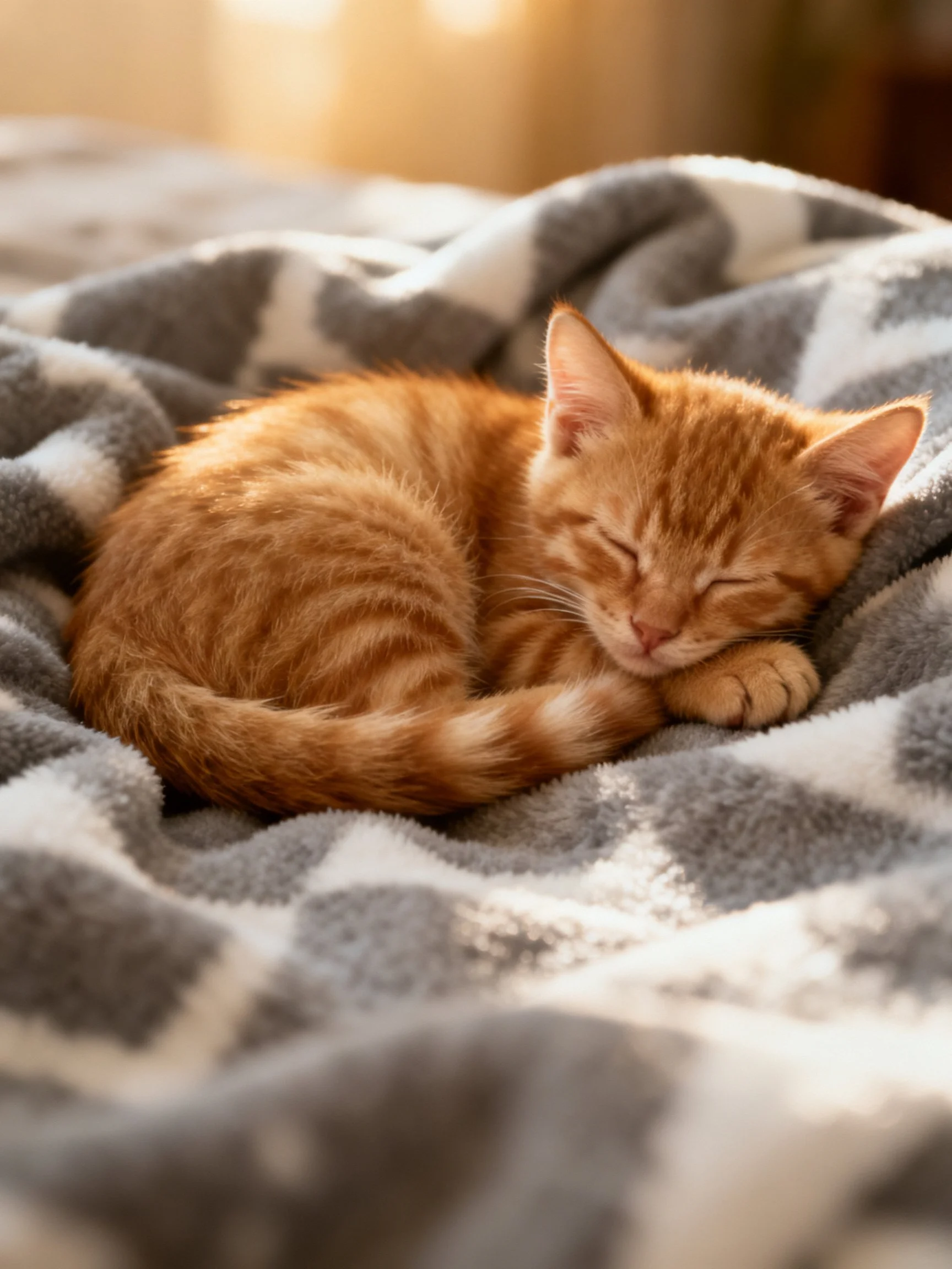 A small orange tabby kitten curled up on a gray and white blanket