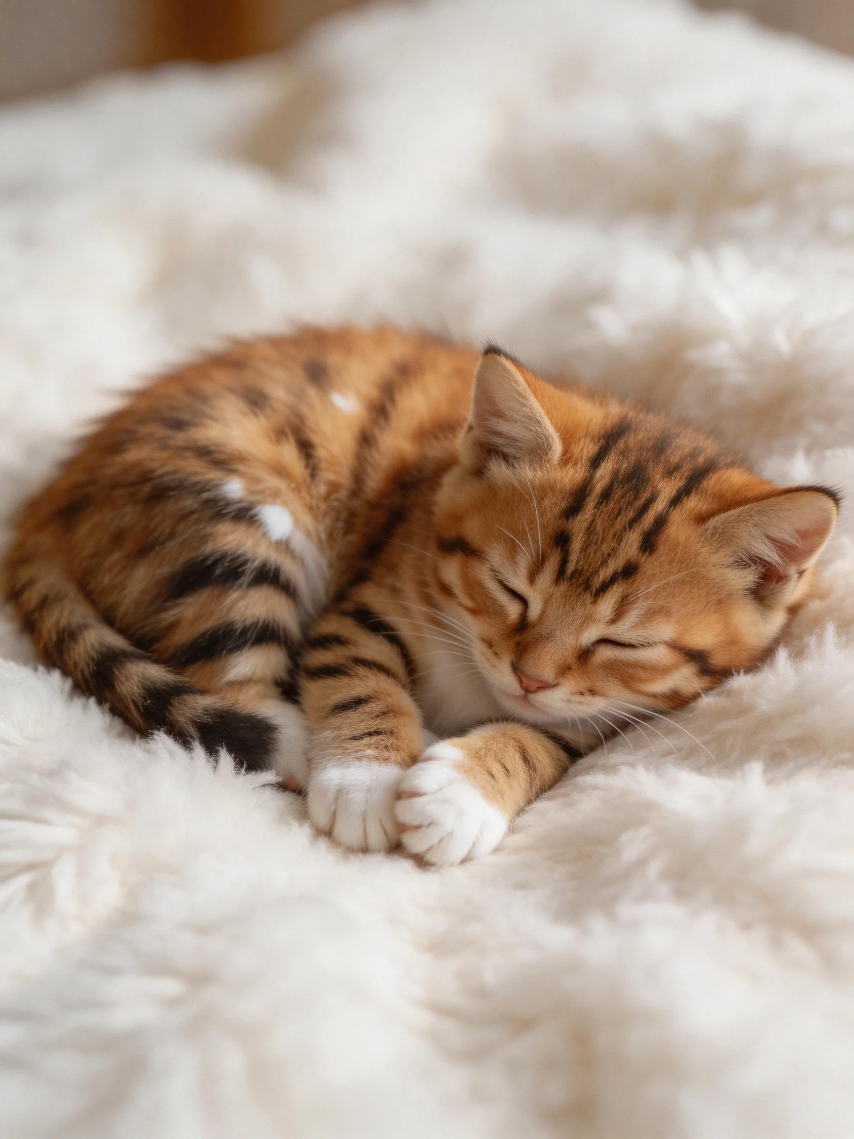 A small orange tabby kitten curls up on a fluffy white blanket