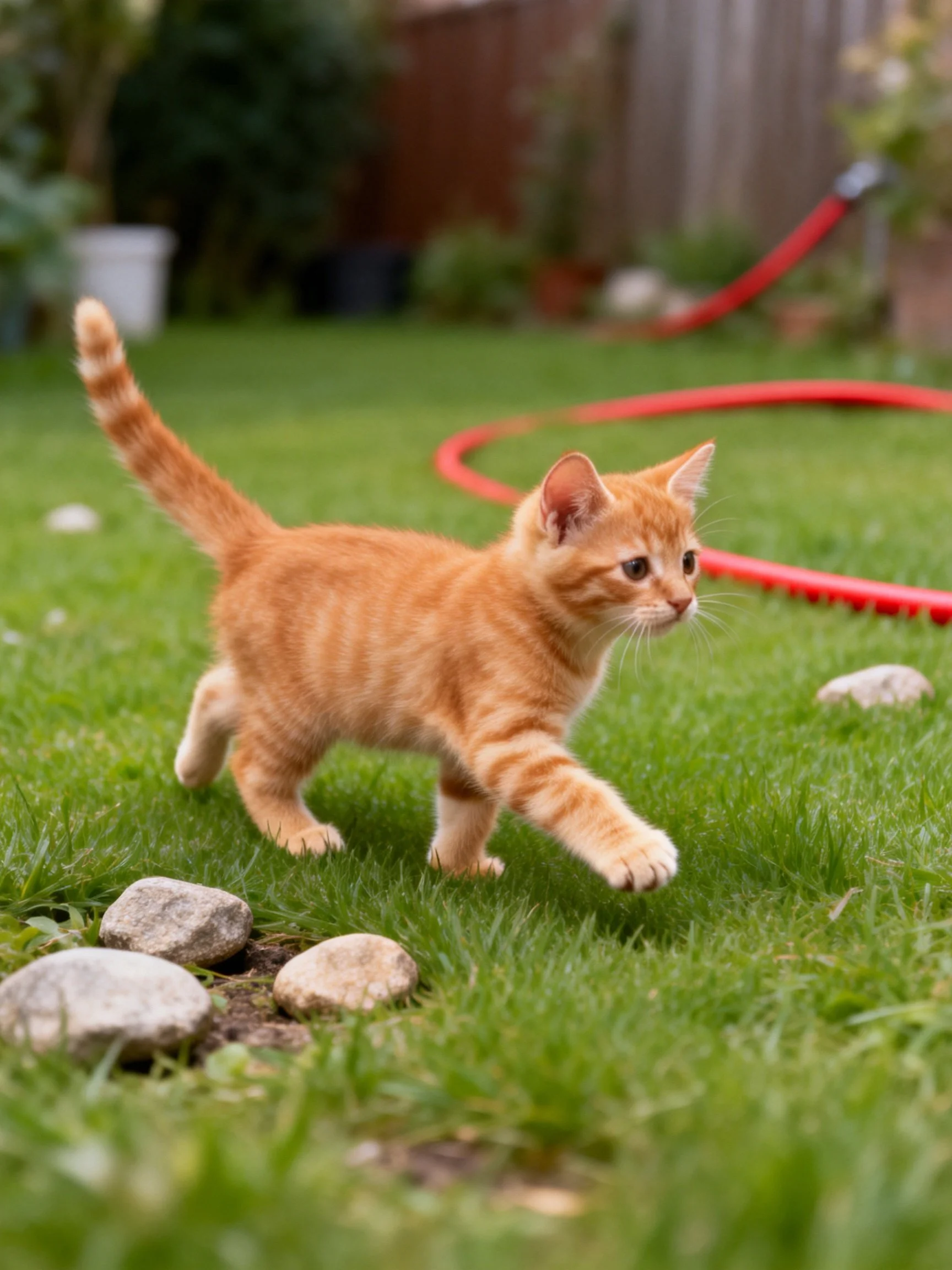 A small orange tabby kitten explores a lush green lawn with rocks and a red hose