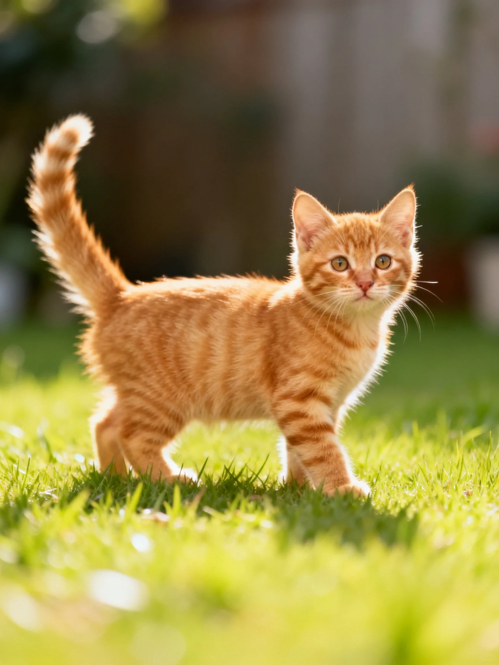 A small orange tabby kitten exploring vibrant green grass