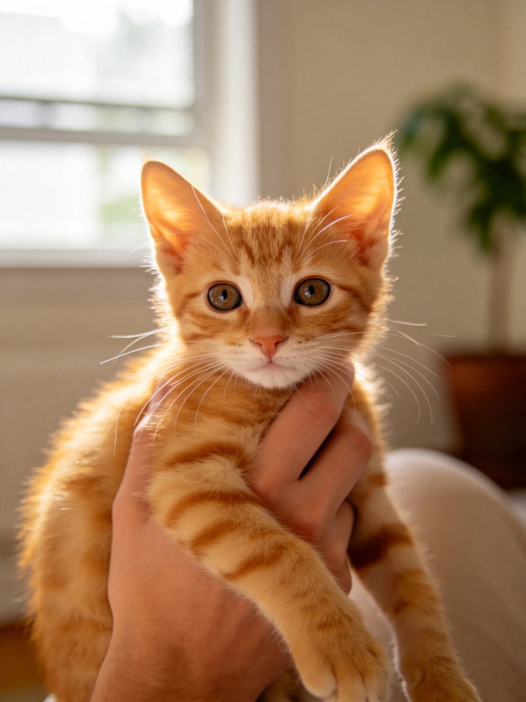 A small orange tabby kitten held securely in human hands