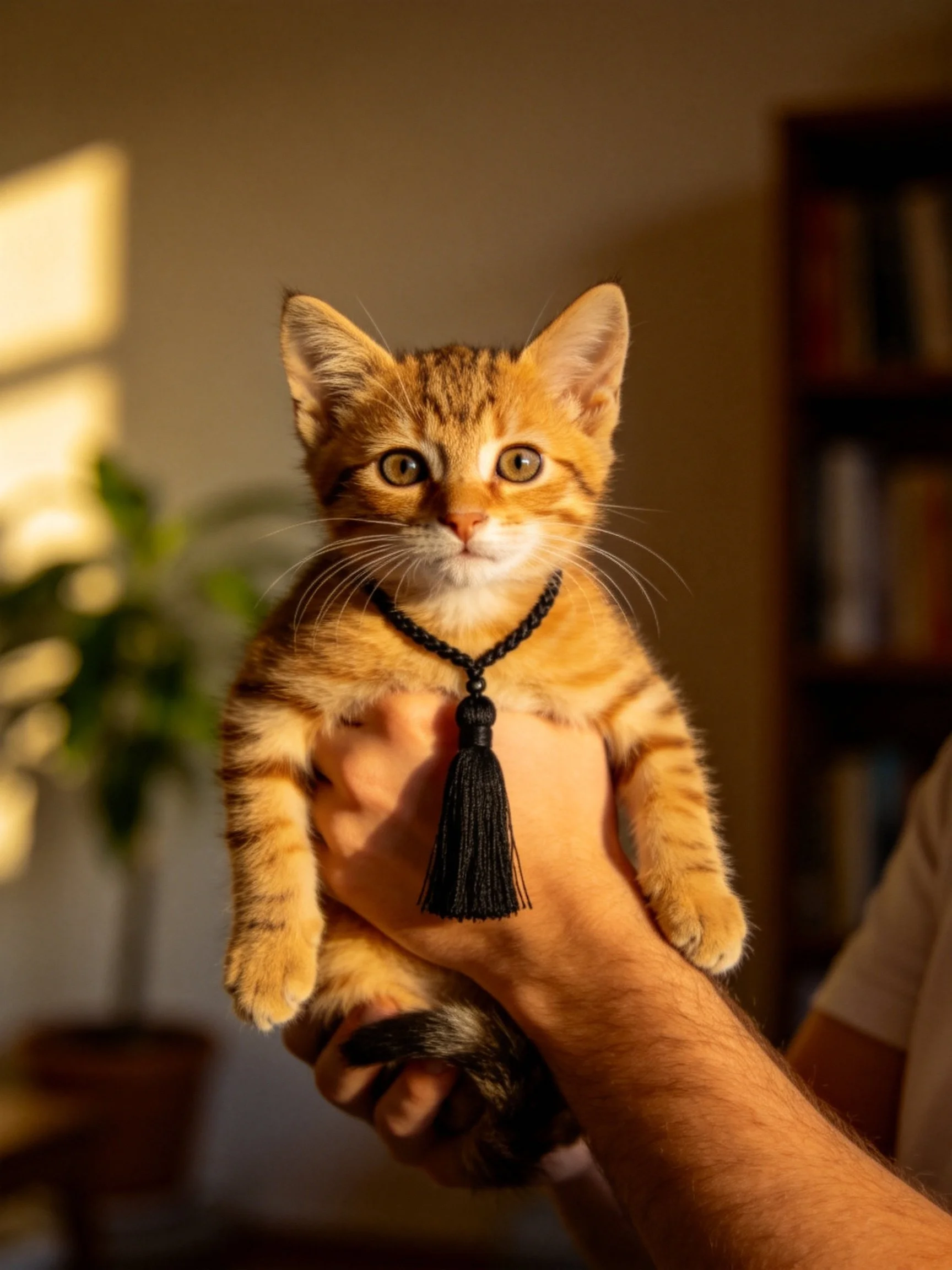 A small orange tabby kitten held with a black beaded necklace