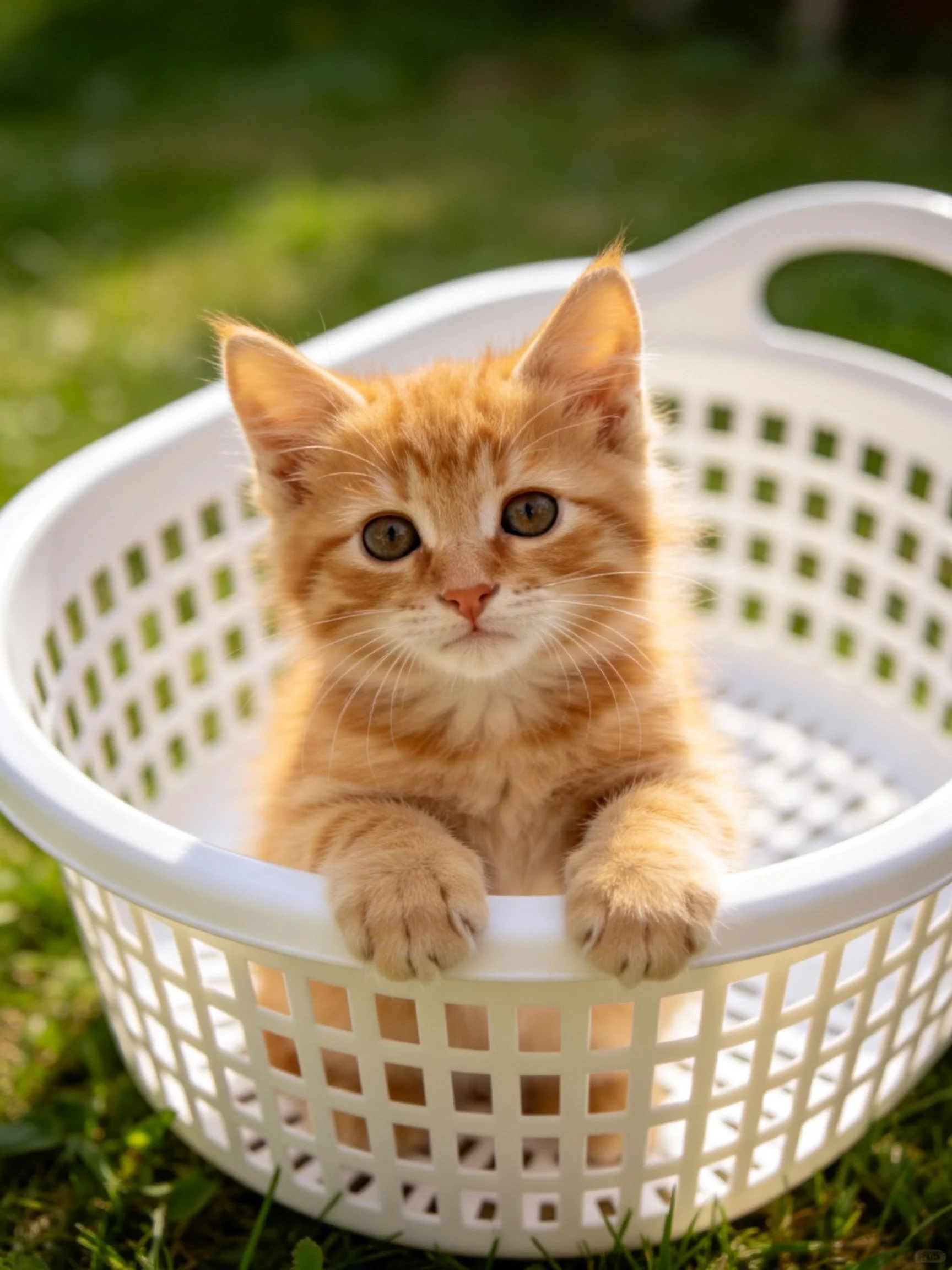 A small orange tabby kitten sits inside a white plastic basket on grass.