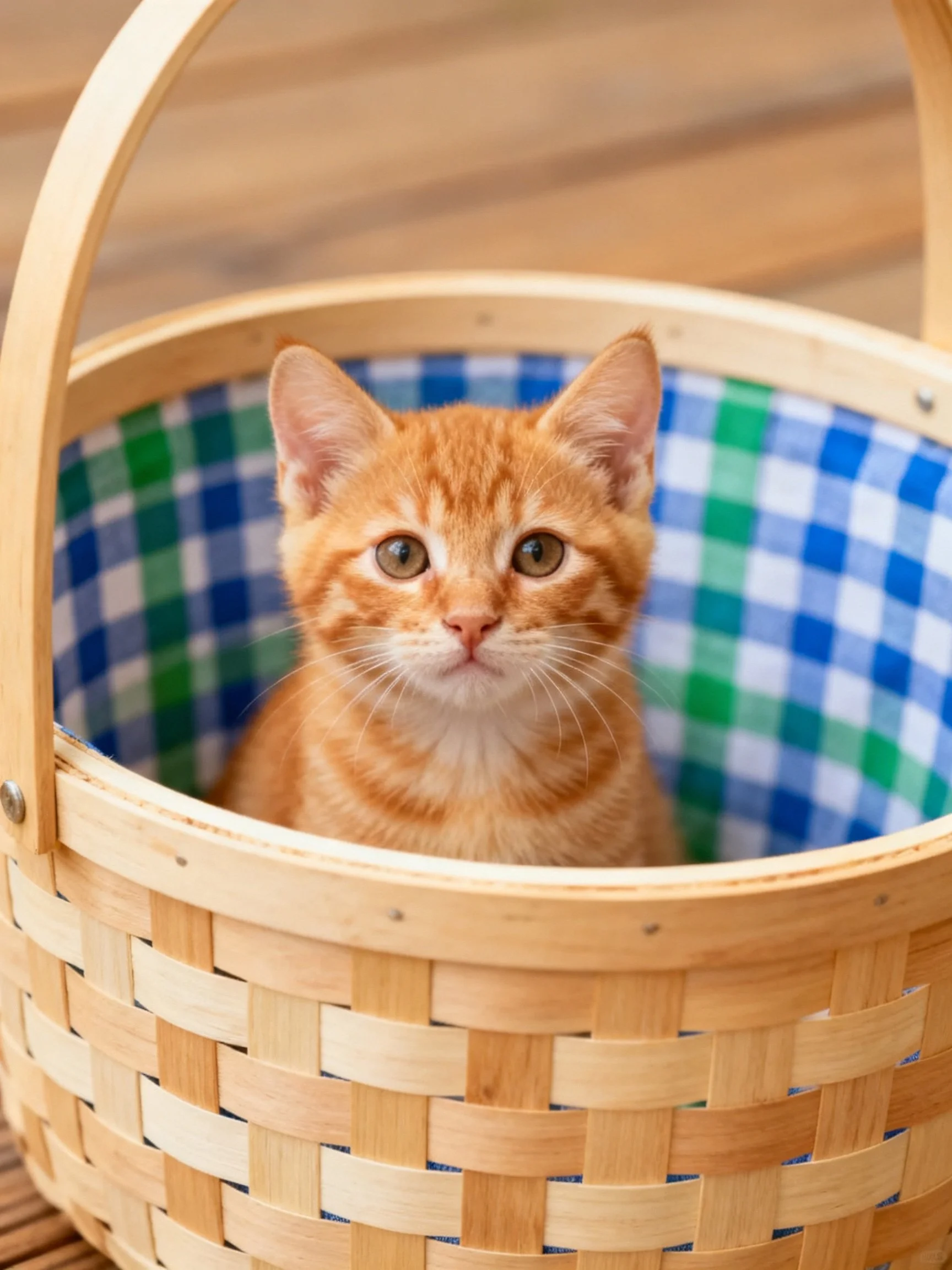 A small orange tabby kitten in a woven wooden basket with blue-green checkered lining