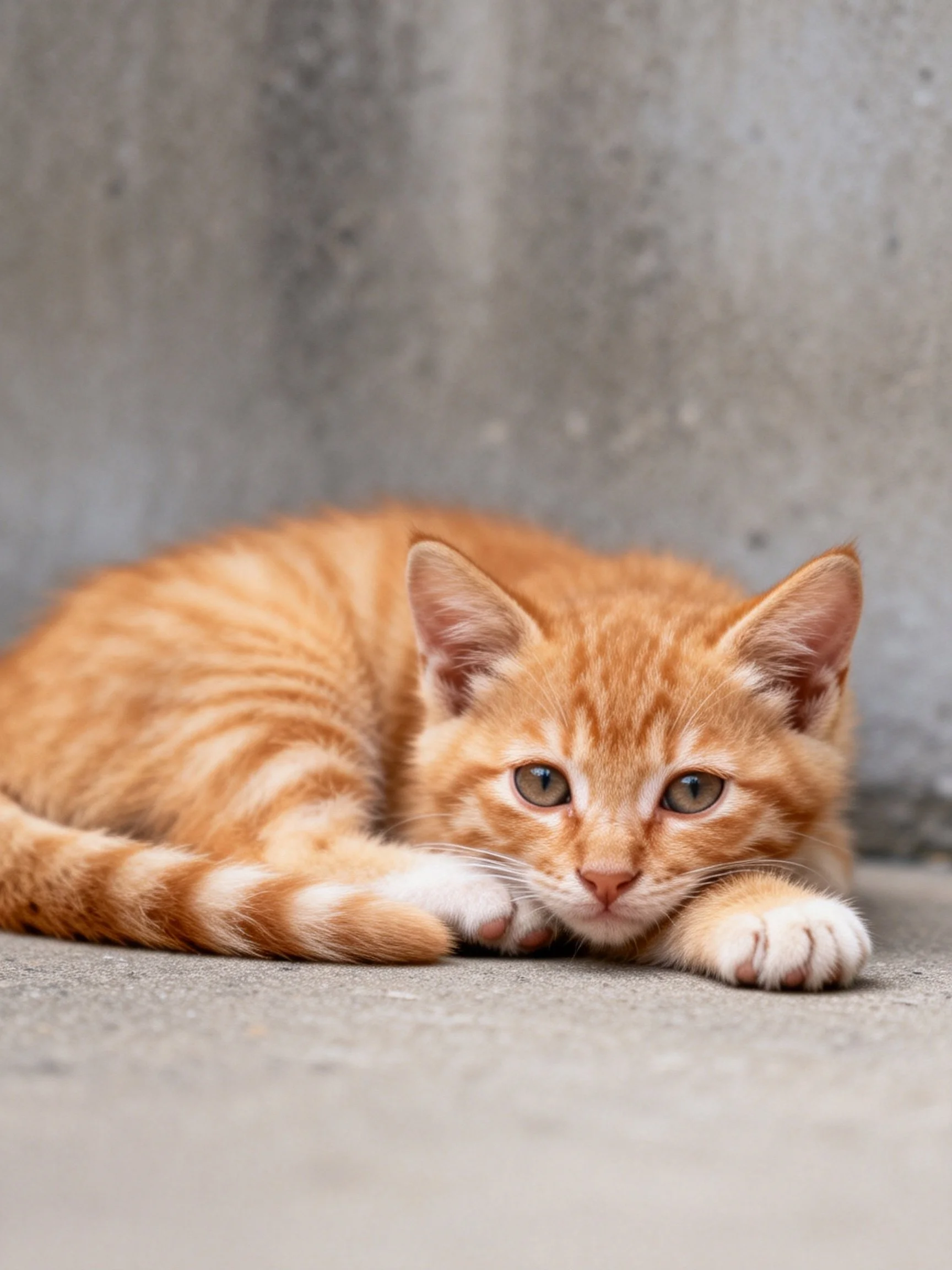 An orange tabby kitten rests calmly on a gray concrete area.