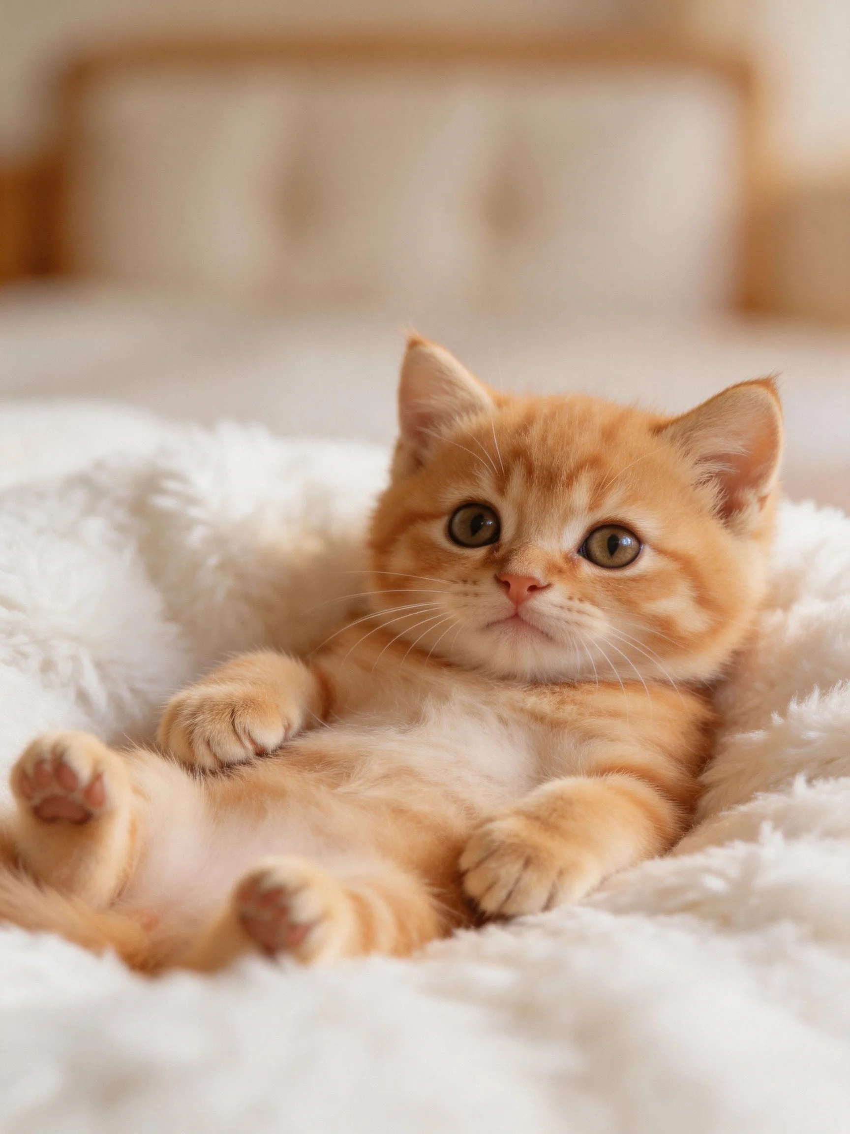 A small orange tabby kitten lounging on a fluffy white blanket