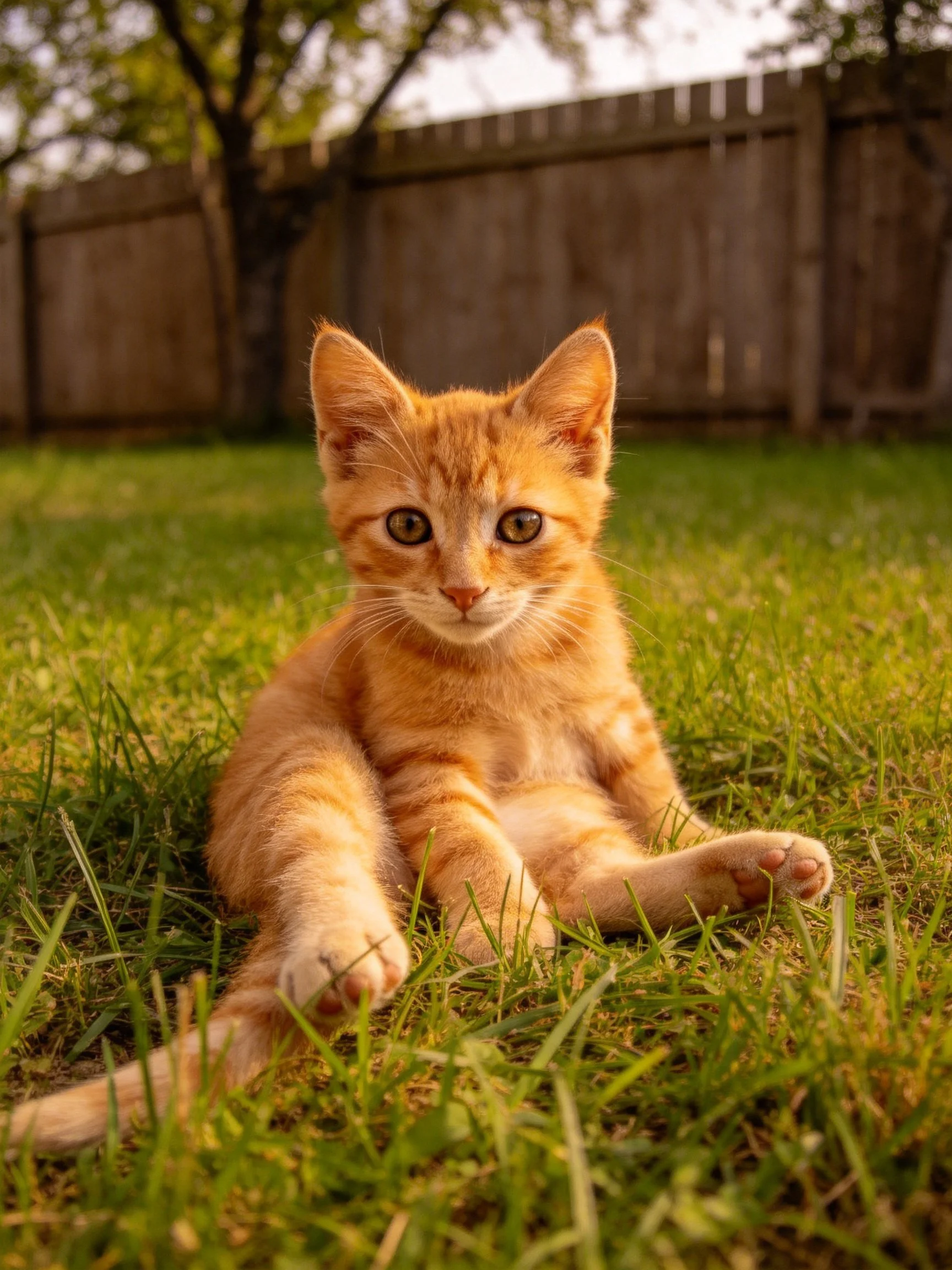 A small orange tabby kitten lounging on green grass