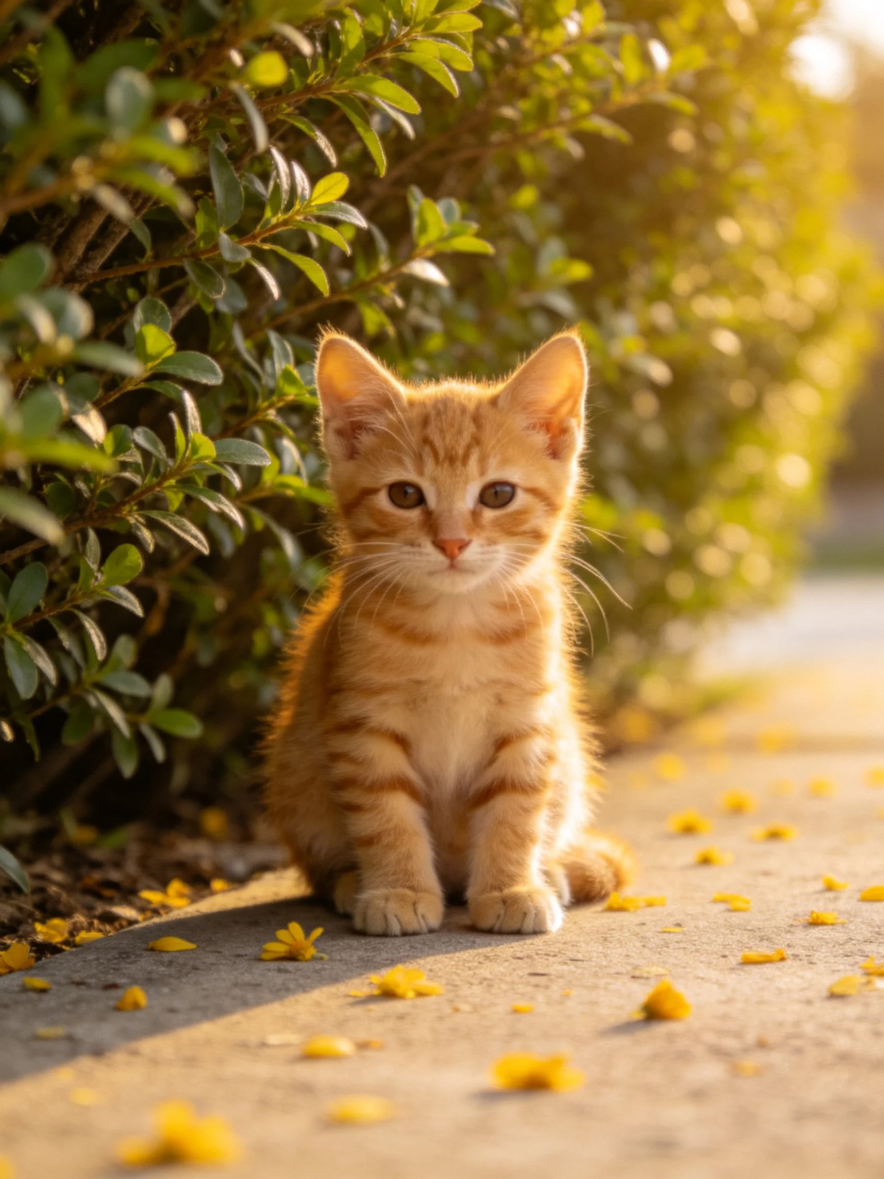 An orange tabby kitten sits near green bushes amid scattered yellow petals