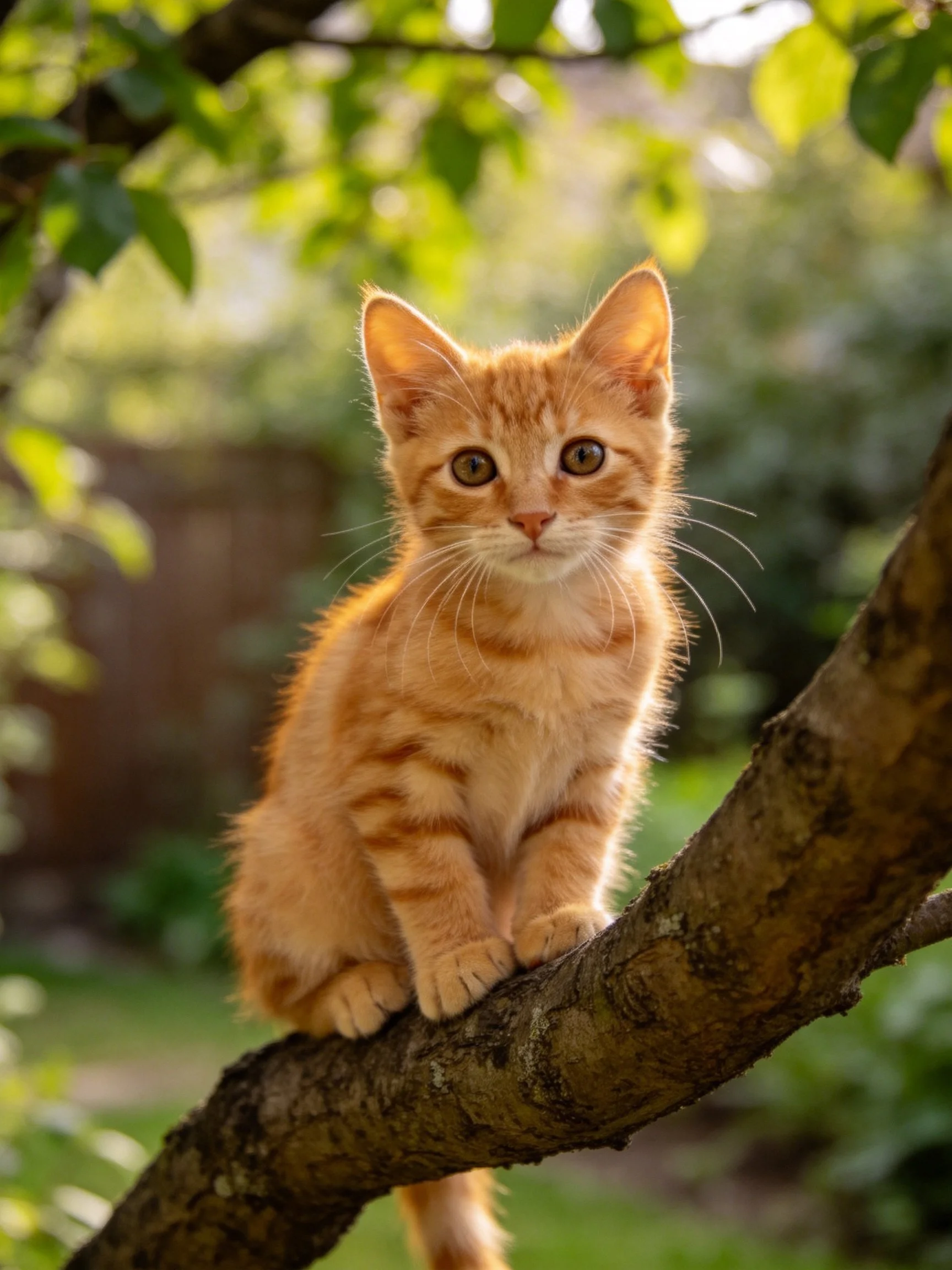 A small orange tabby kitten perched on a tree branch amid green foliage