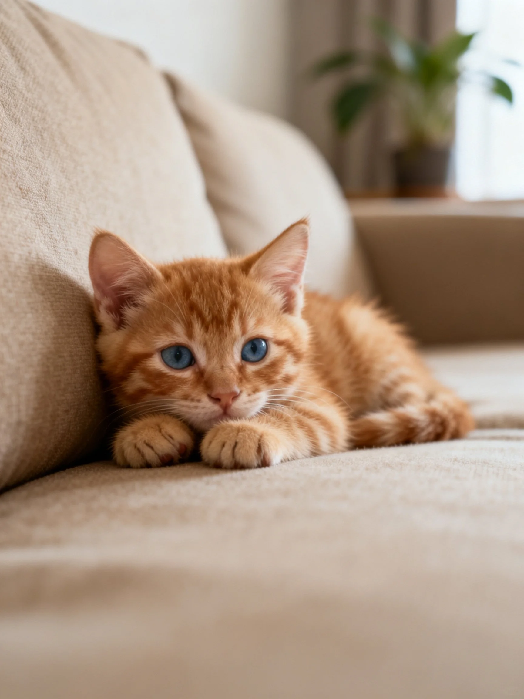 An orange tabby kitten with blue eyes relaxes on a beige sofa