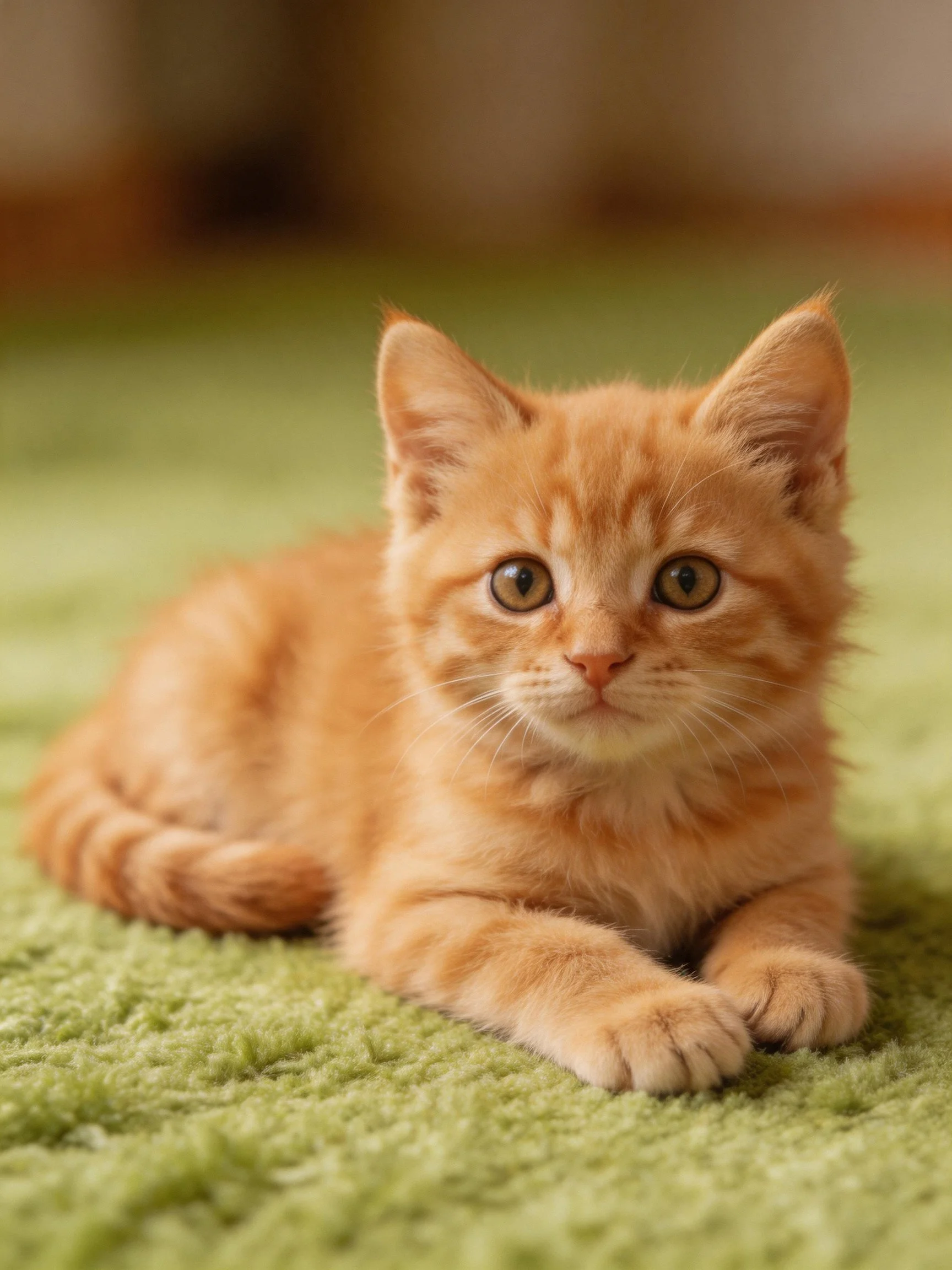 An orange tabby kitten sits quietly on a green carpet indoors.