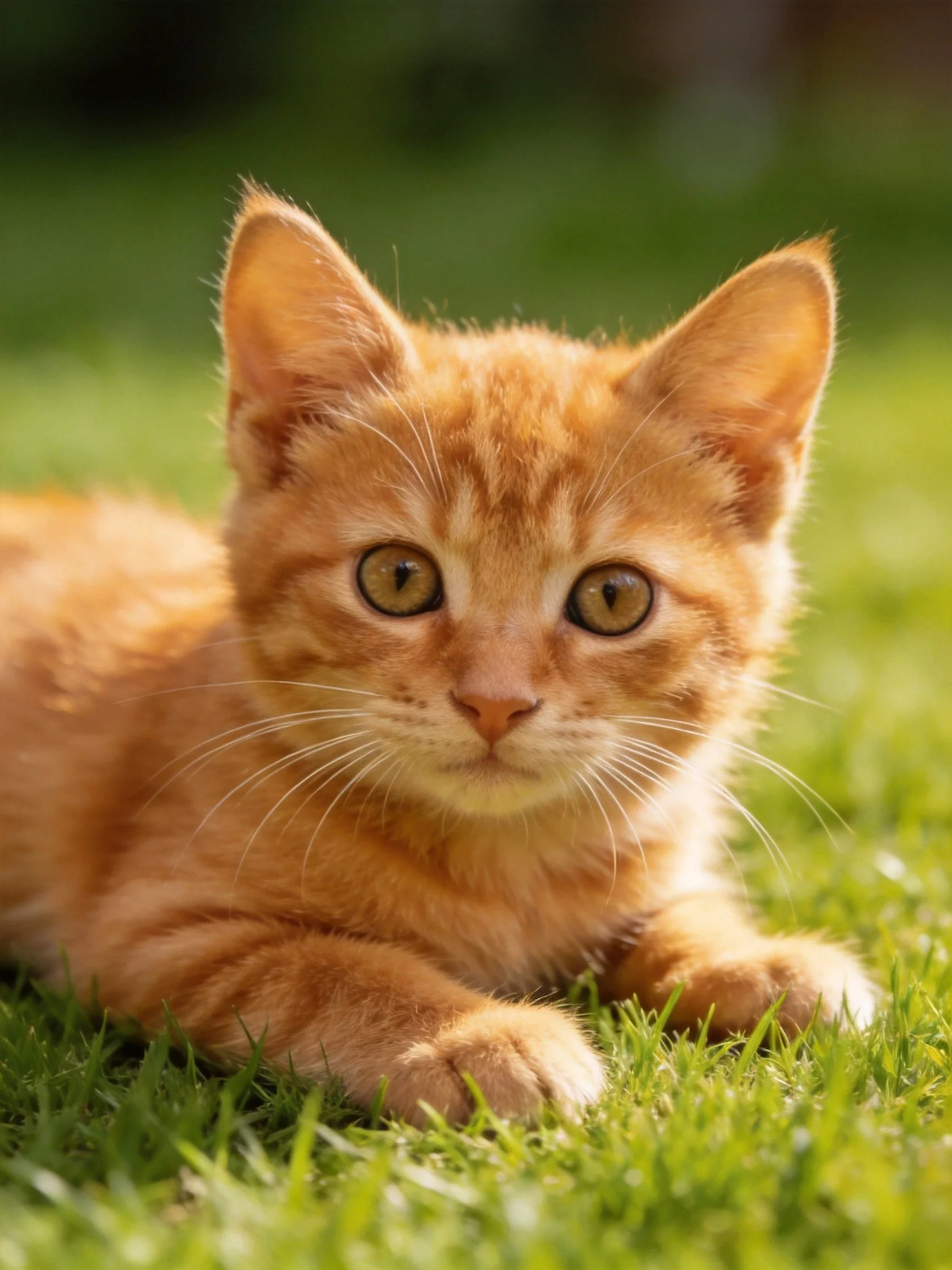 An orange tabby kitten lies on green grass in sunlight.