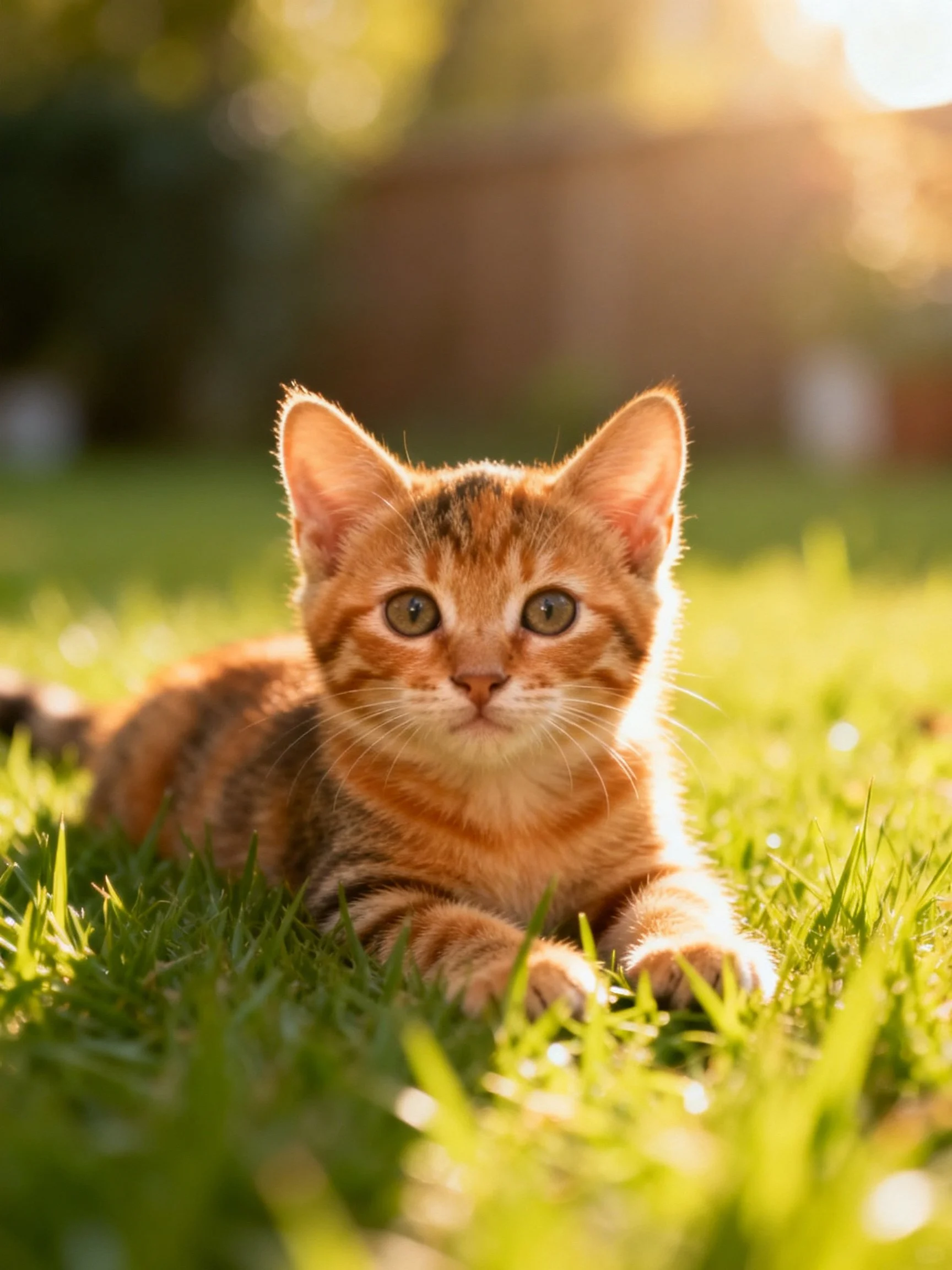 An orange tabby kitten relaxes on green grass in a sunlit outdoor setting.