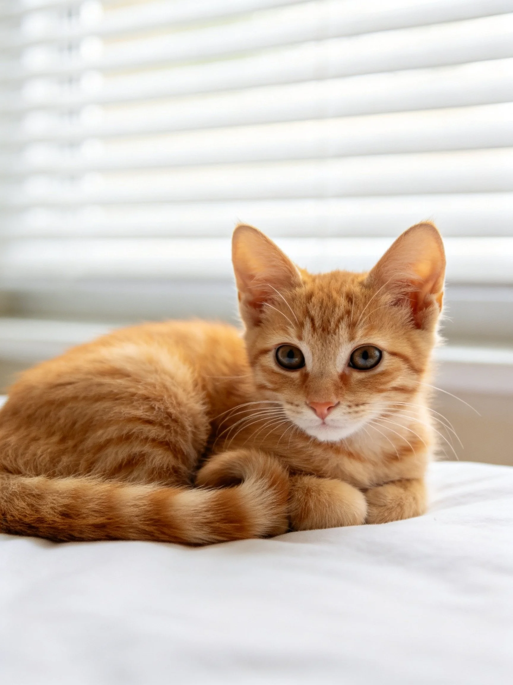 An orange tabby kitten relaxes on white fabric beside window blinds