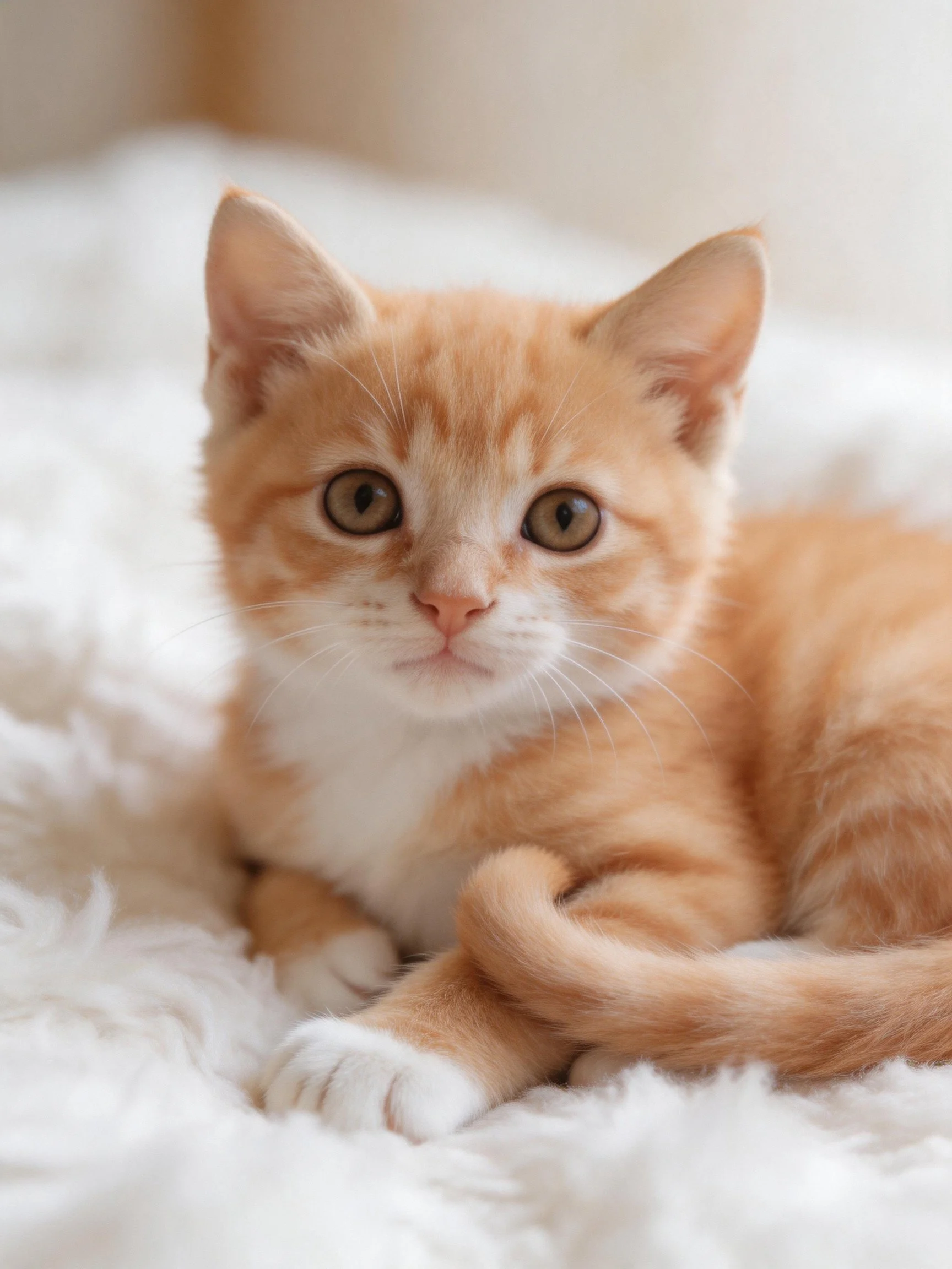 An orange tabby kitten rests on a soft white blanket