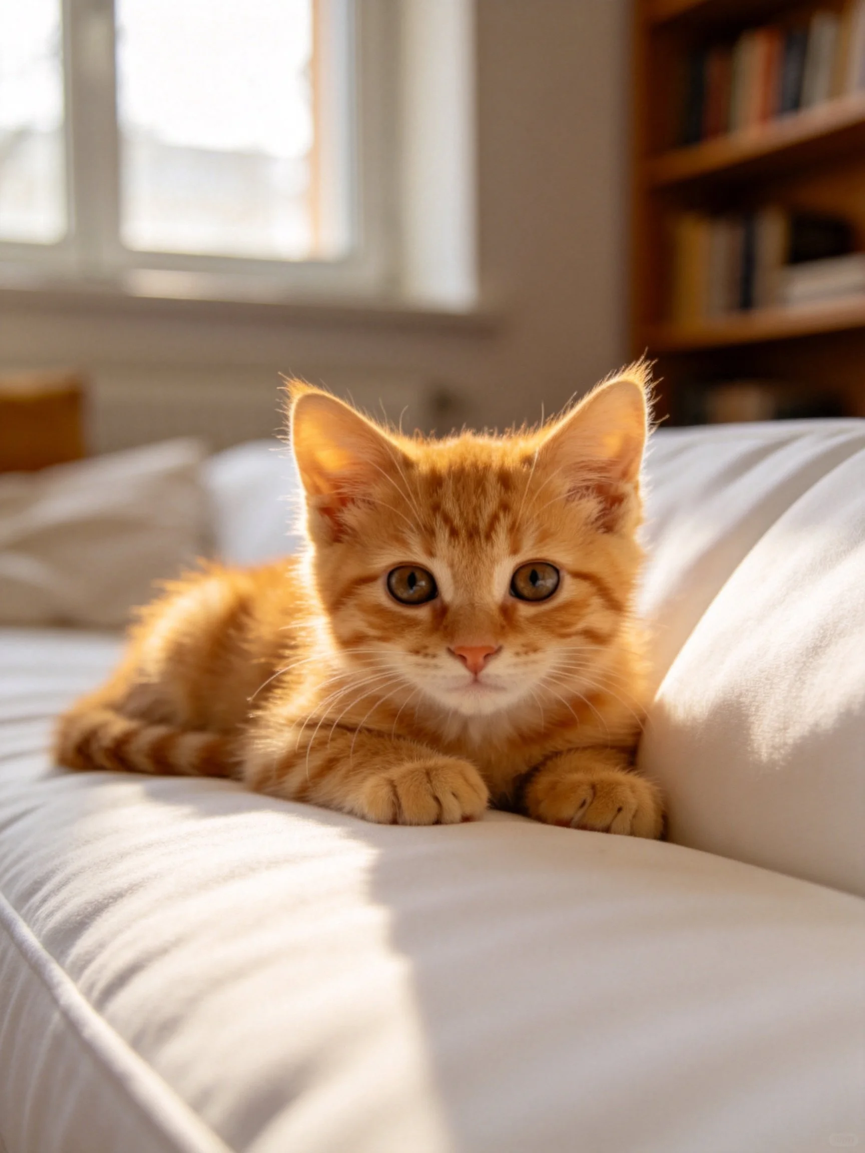 An orange tabby kitten relaxes on a white couch in a sunlit living space