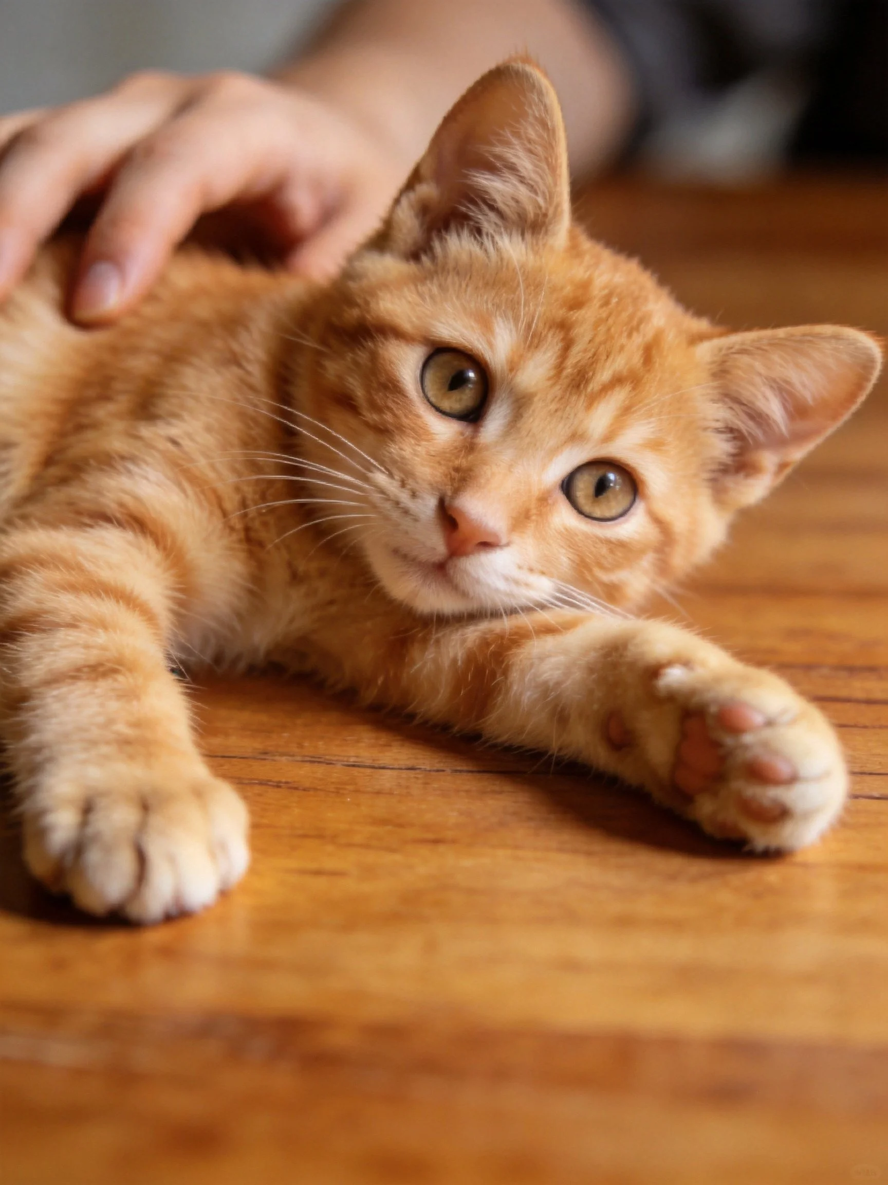 An orange tabby kitten lies on a wooden surface while being gently petted.