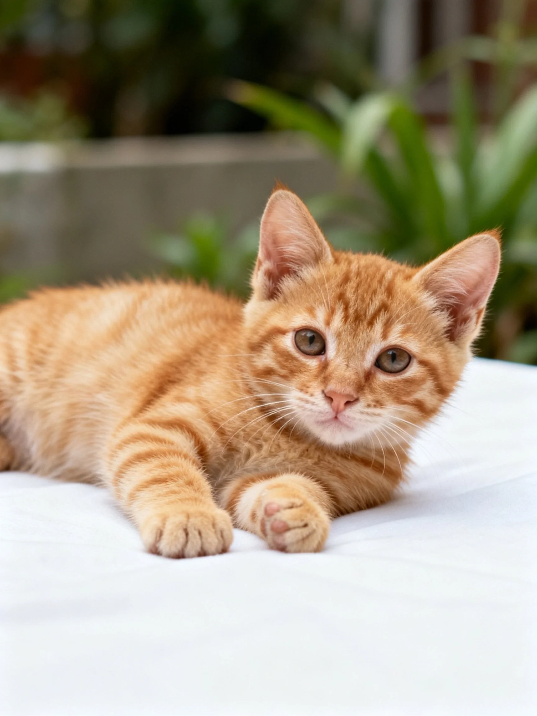 An orange tabby kitten relaxes on white fabric amid greenery.