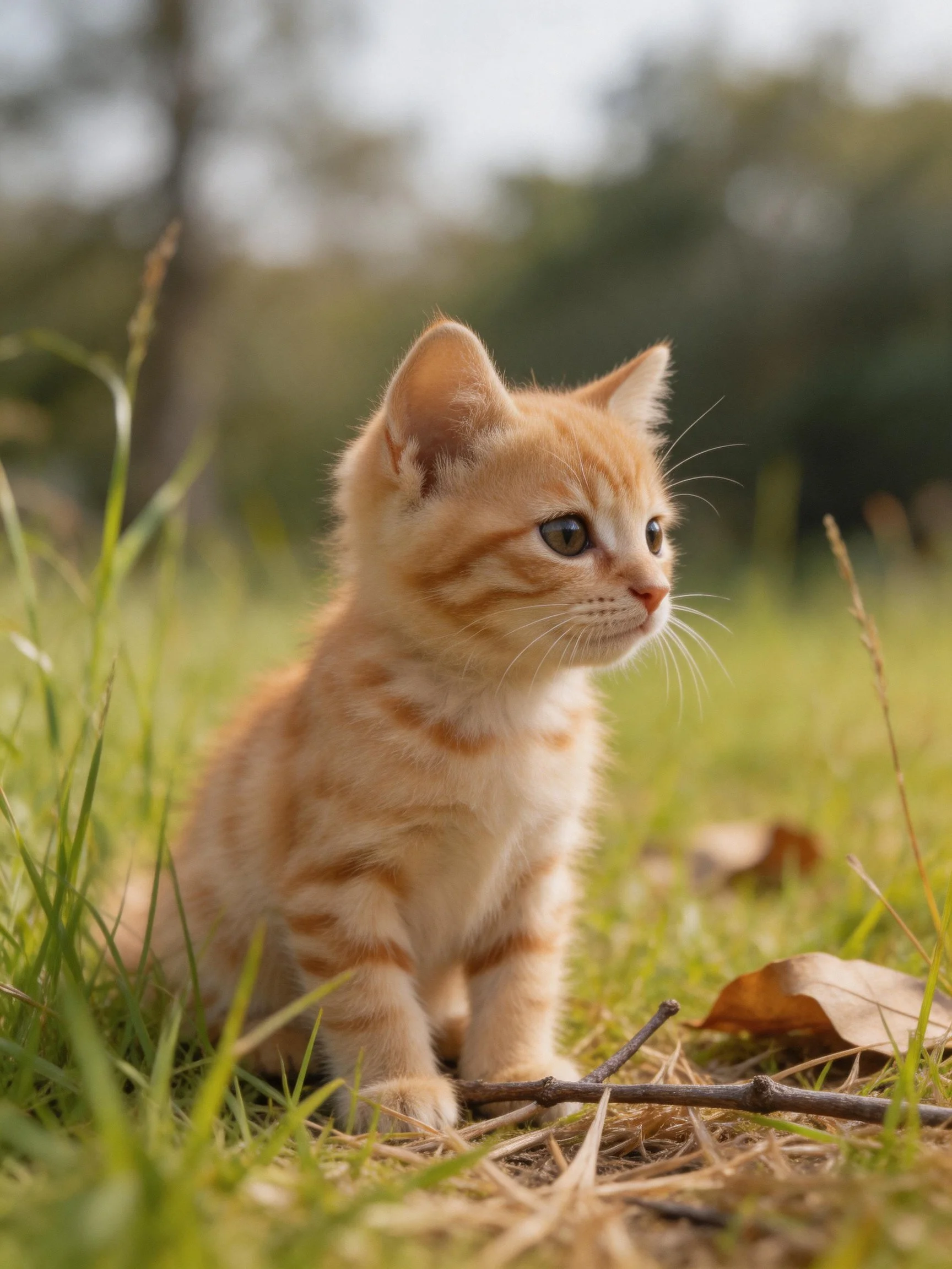 A small orange tabby kitten sits calmly in a grassy area with scattered leaves
