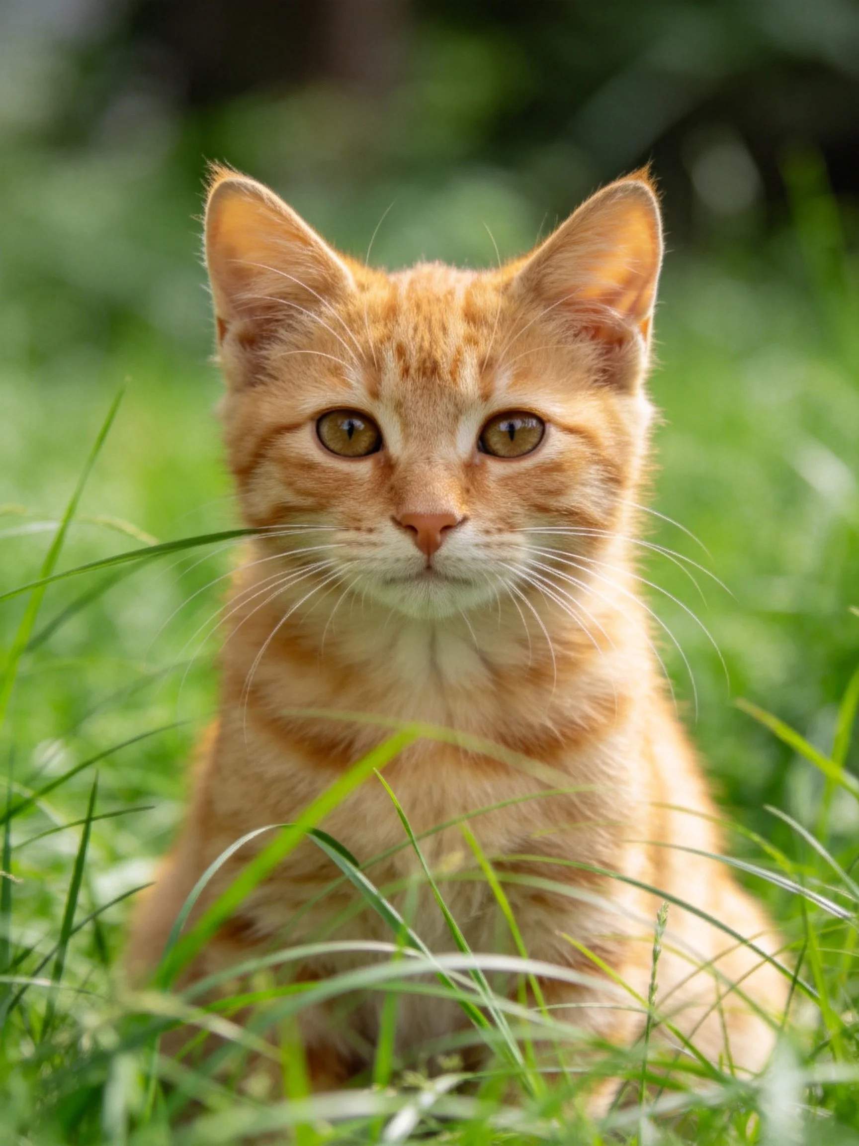 An orange tabby kitten sits serenely in a grassy setting.