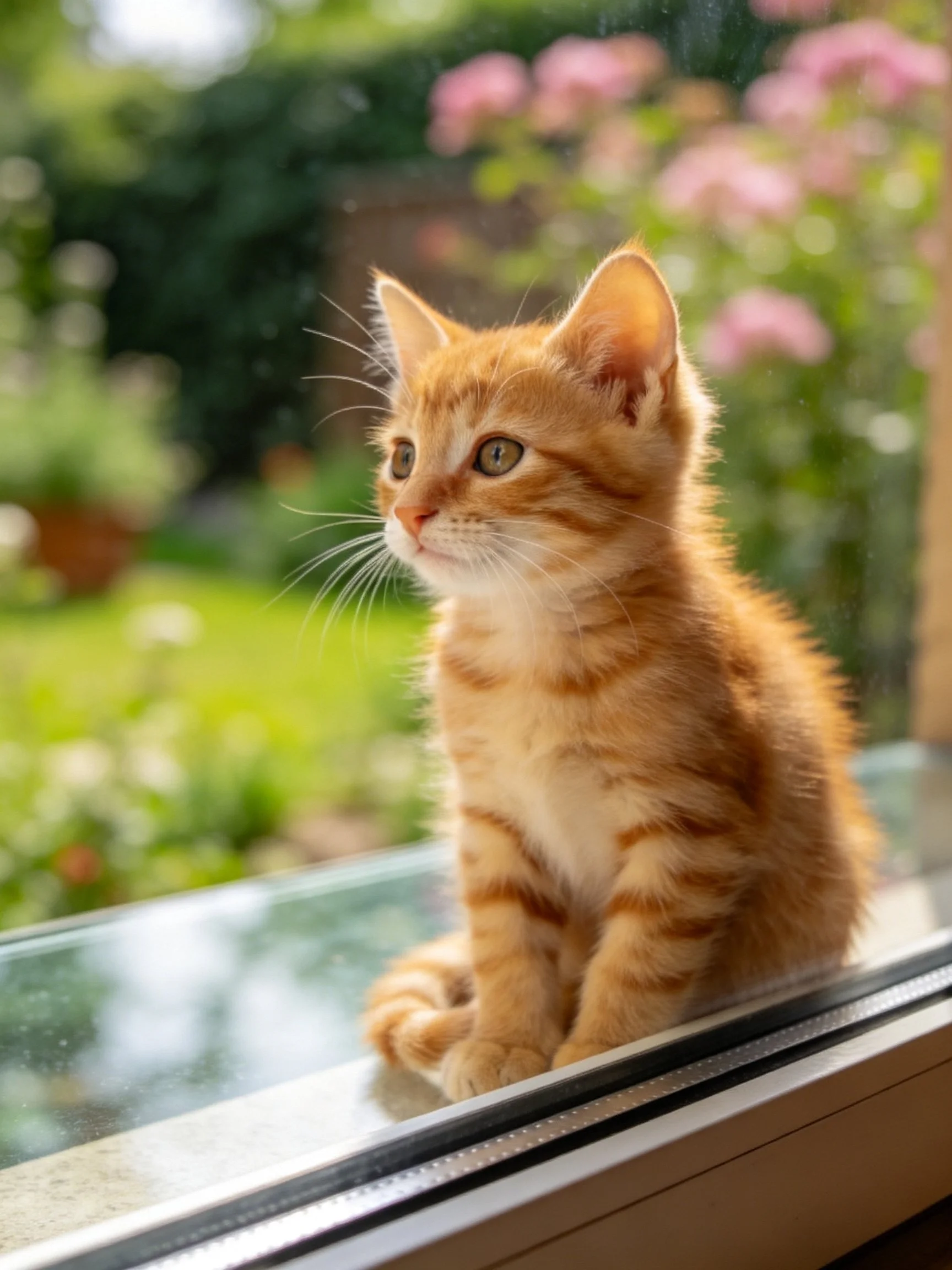 An orange tabby kitten sits by a sunlit window viewing a lush garden.