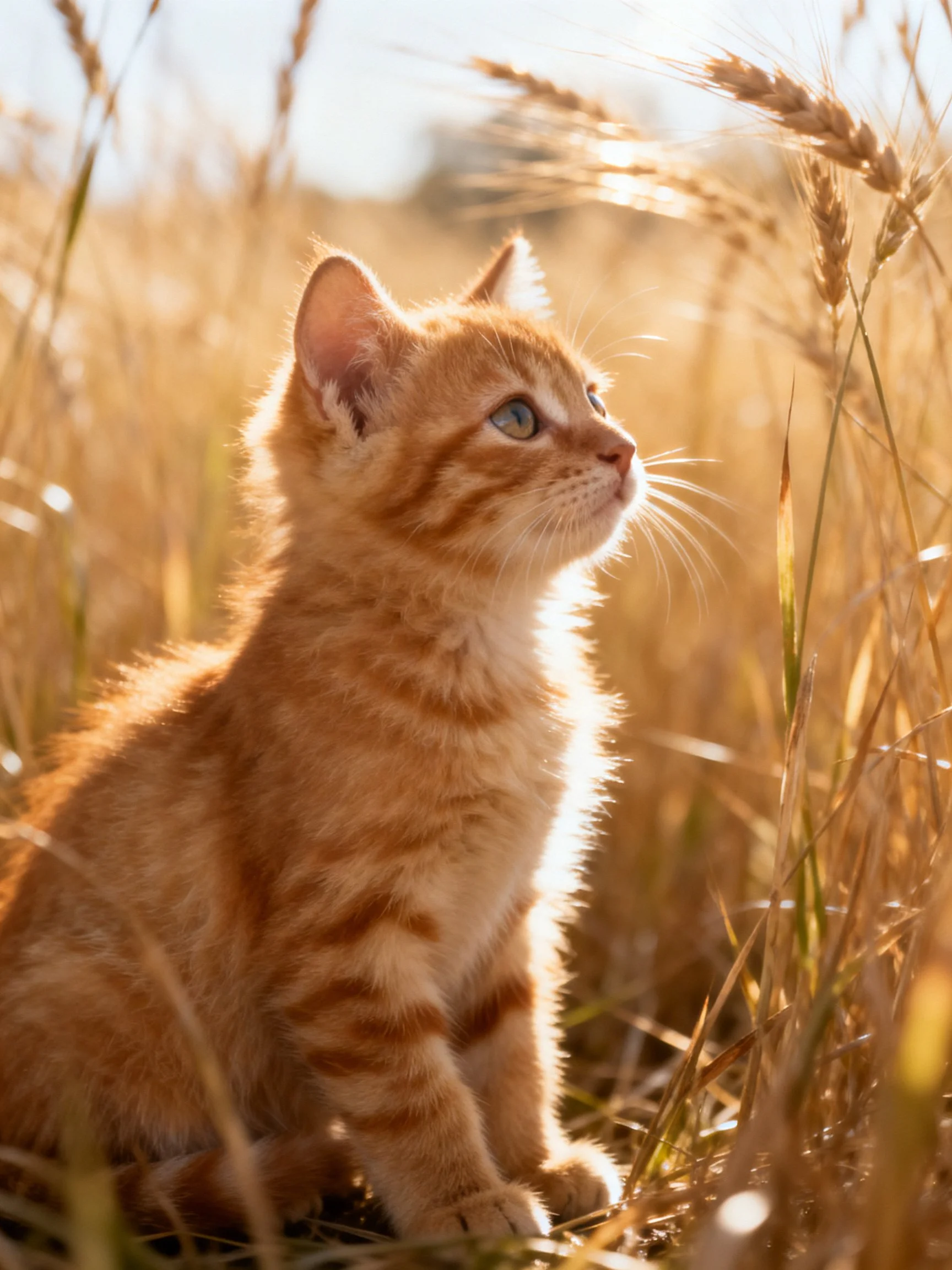 A small orange tabby kitten sits attentively in a sunlit wheat field.