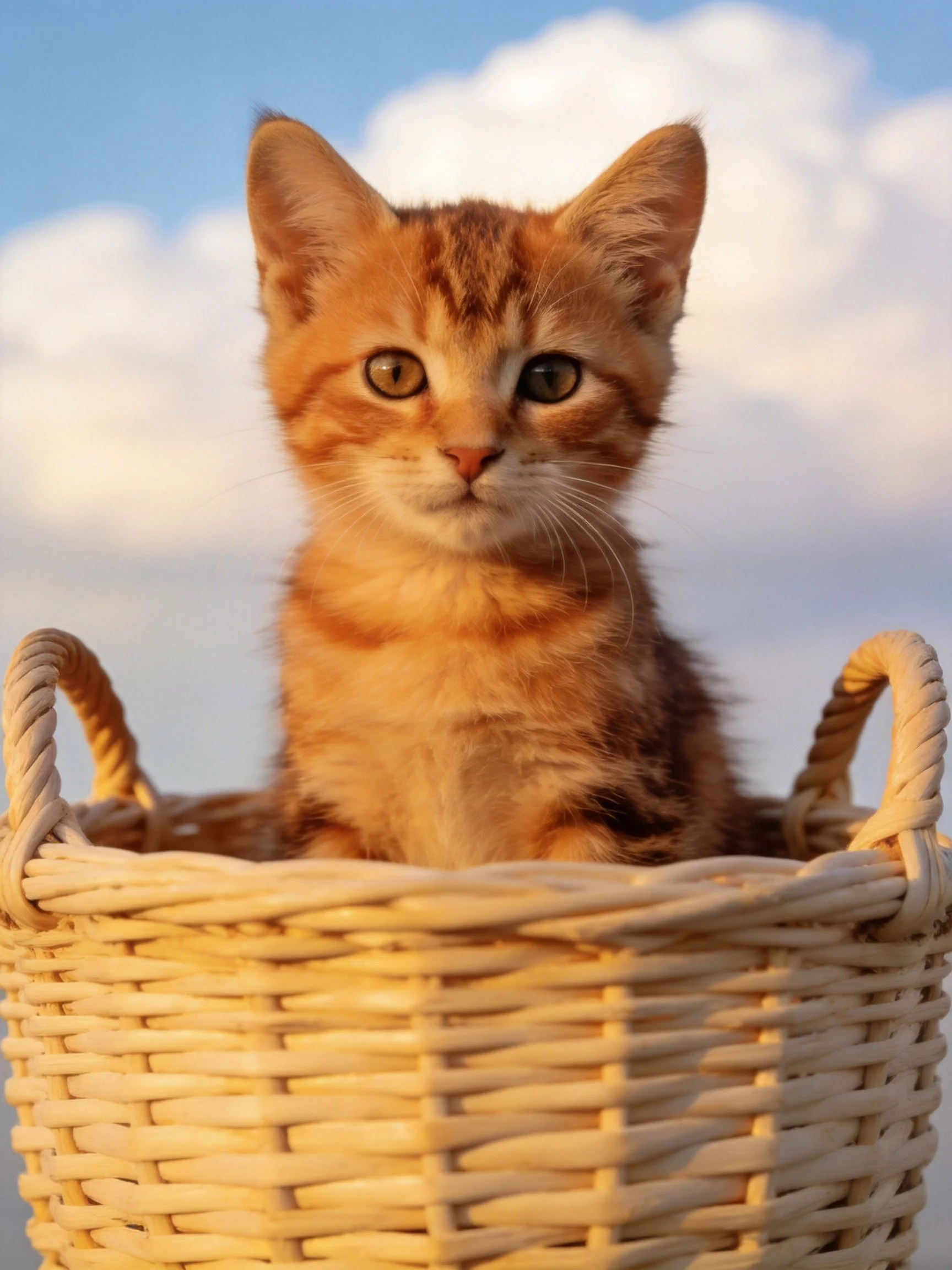 A small orange tabby kitten sits in a woven basket with a cloudy sky backdrop.
