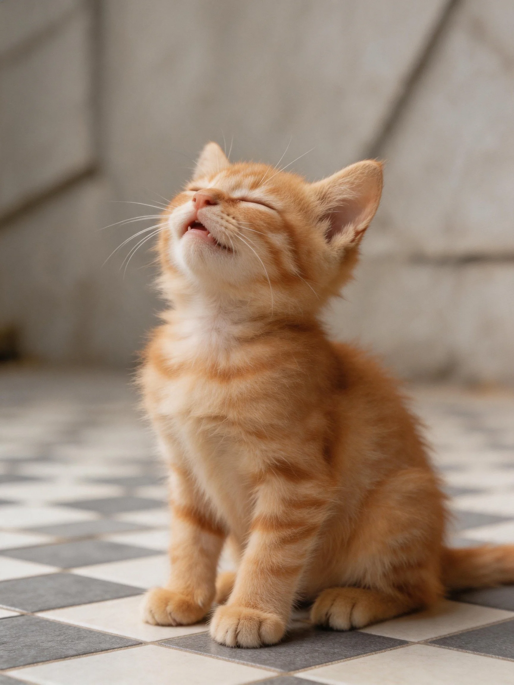 A small orange tabby kitten sits calmly on a checkered tile surface.