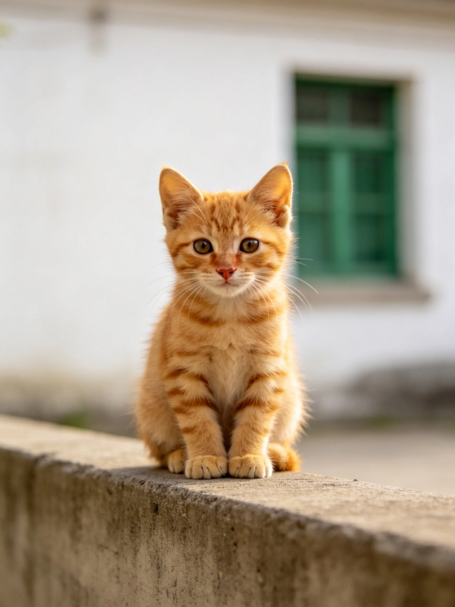 An orange tabby kitten sits calmly on a concrete ledge outside a white building
