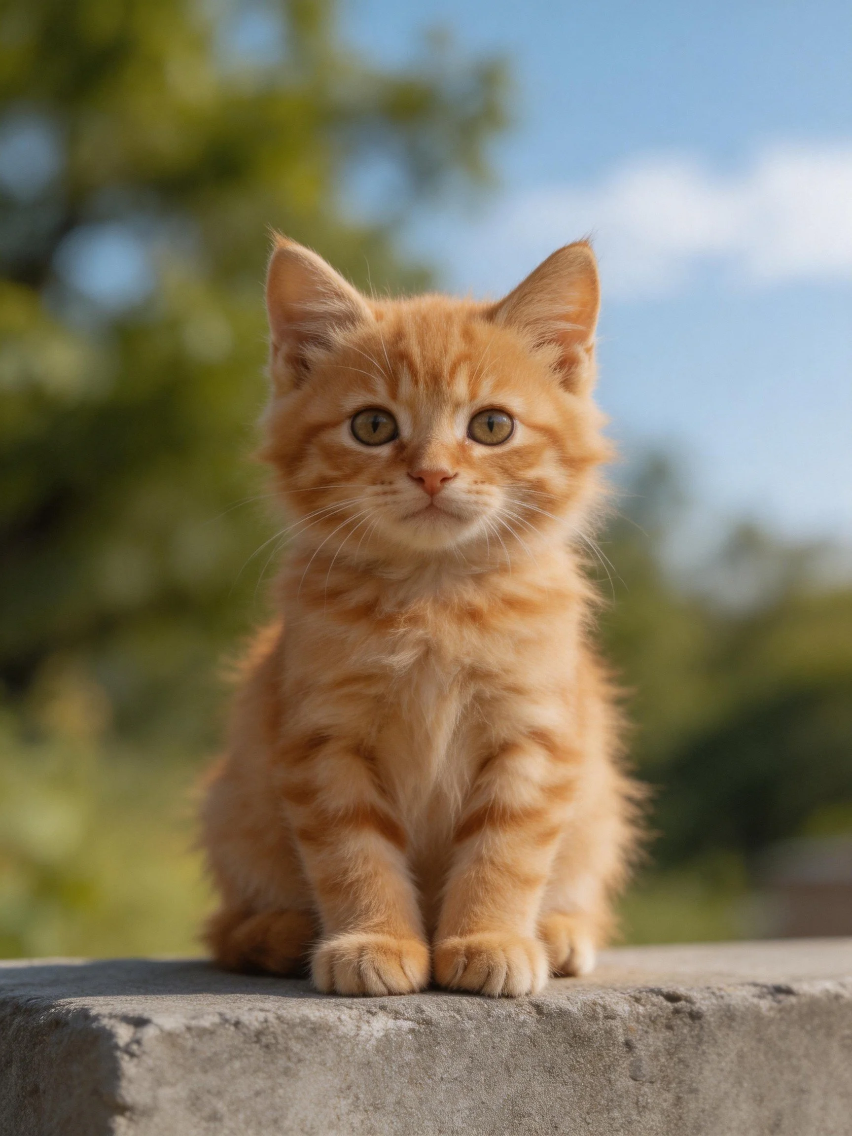 An orange tabby kitten sits on a concrete ledge in an outdoor setting.