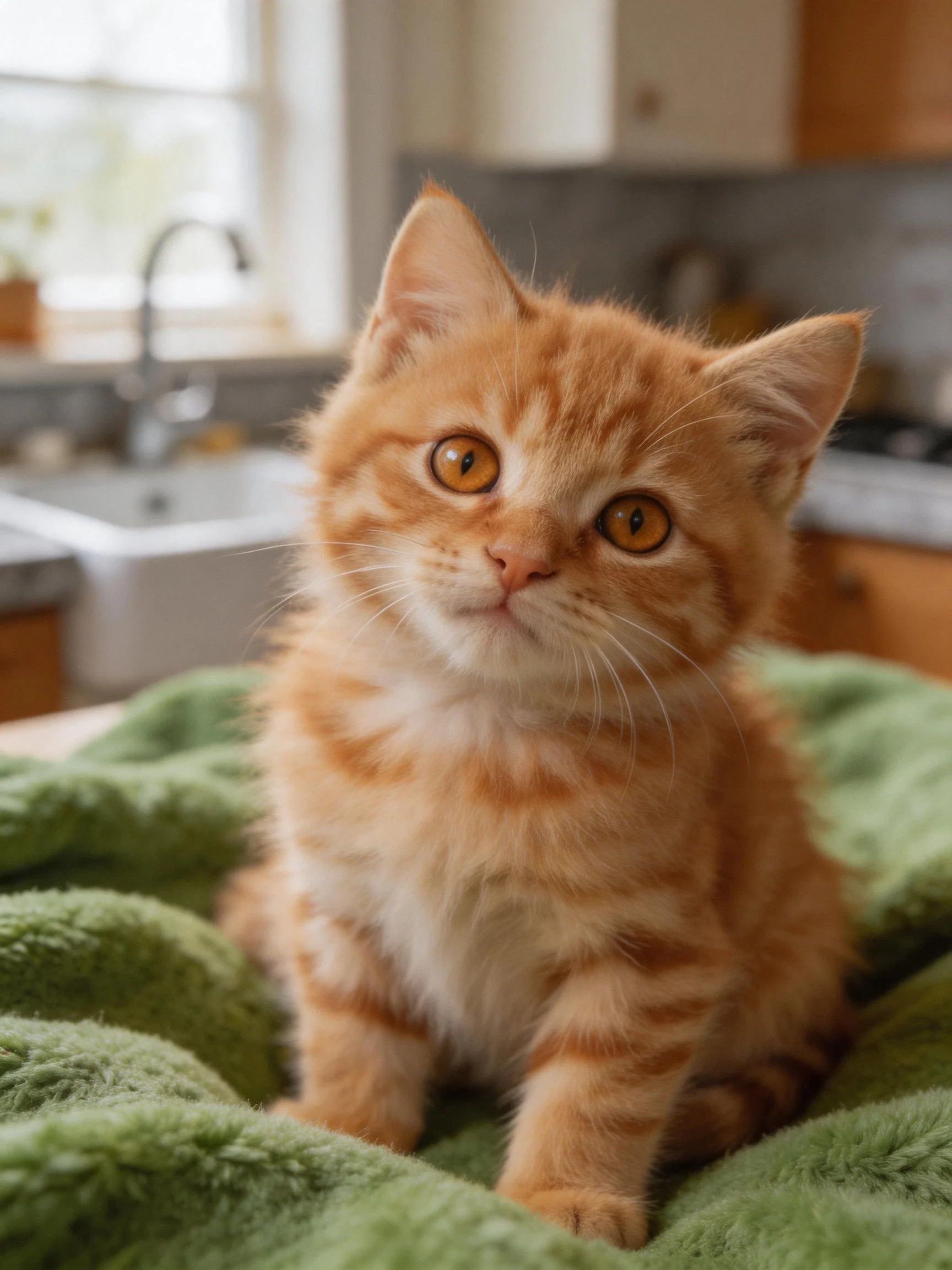 An orange tabby kitten rests on a green blanket in a home kitchen.