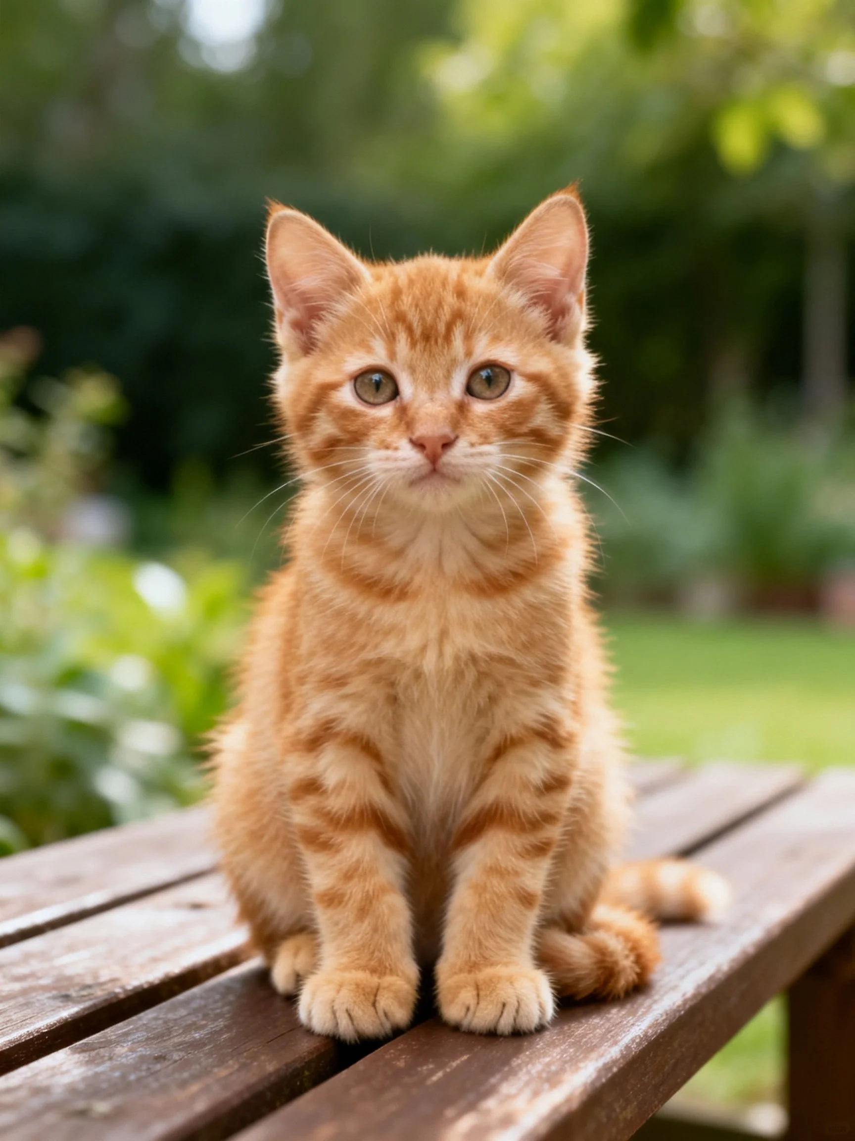 An orange tabby kitten sits calmly on a weathered wooden bench in a lush outdoor area.